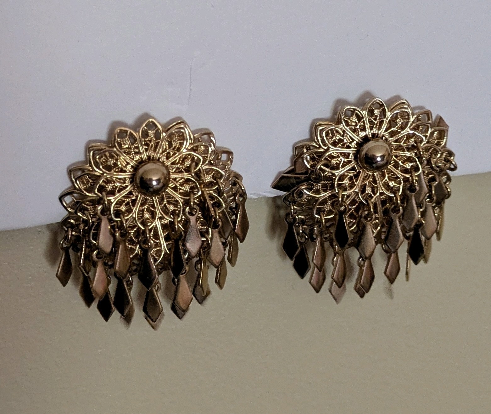 Vintage Gold Tone Clip Style Earrings With Many Gold Tone Dangles