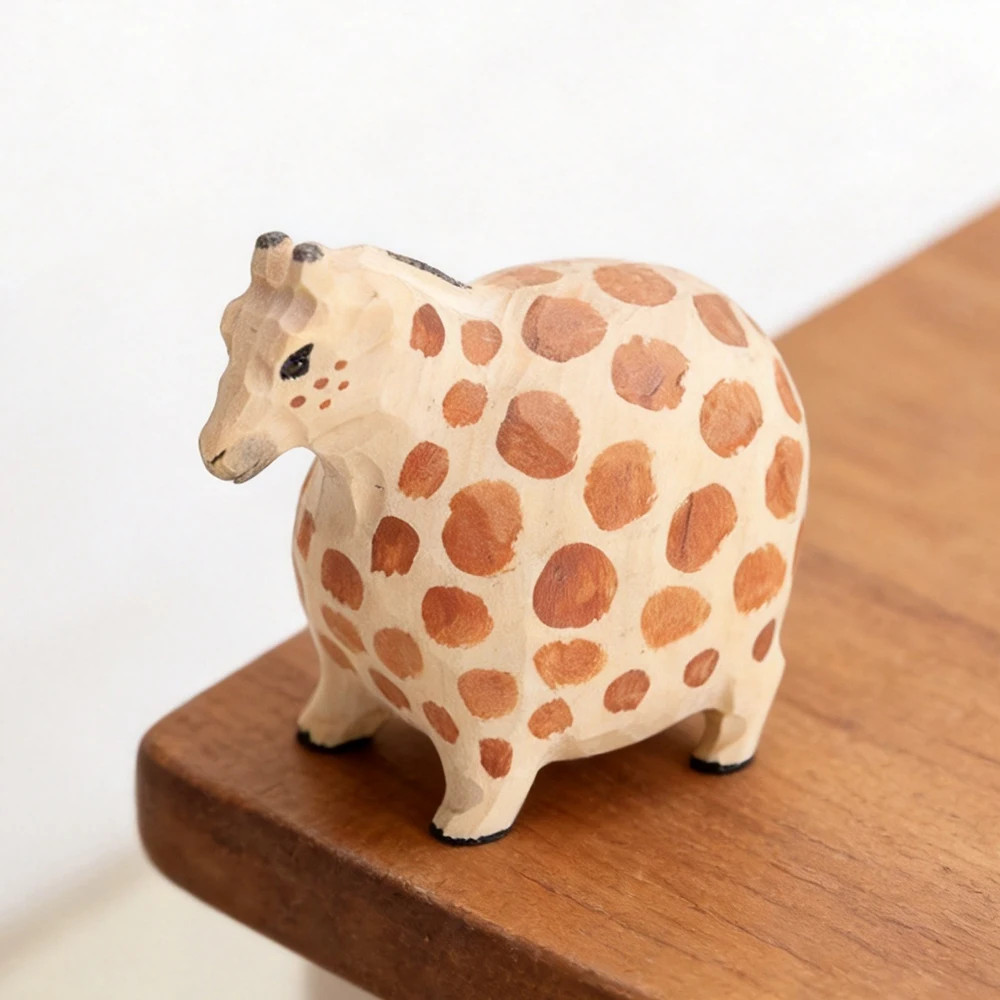 Hand Carved Chubby Giraffe Wooden Figurine Cute Animal Desk Home Decor