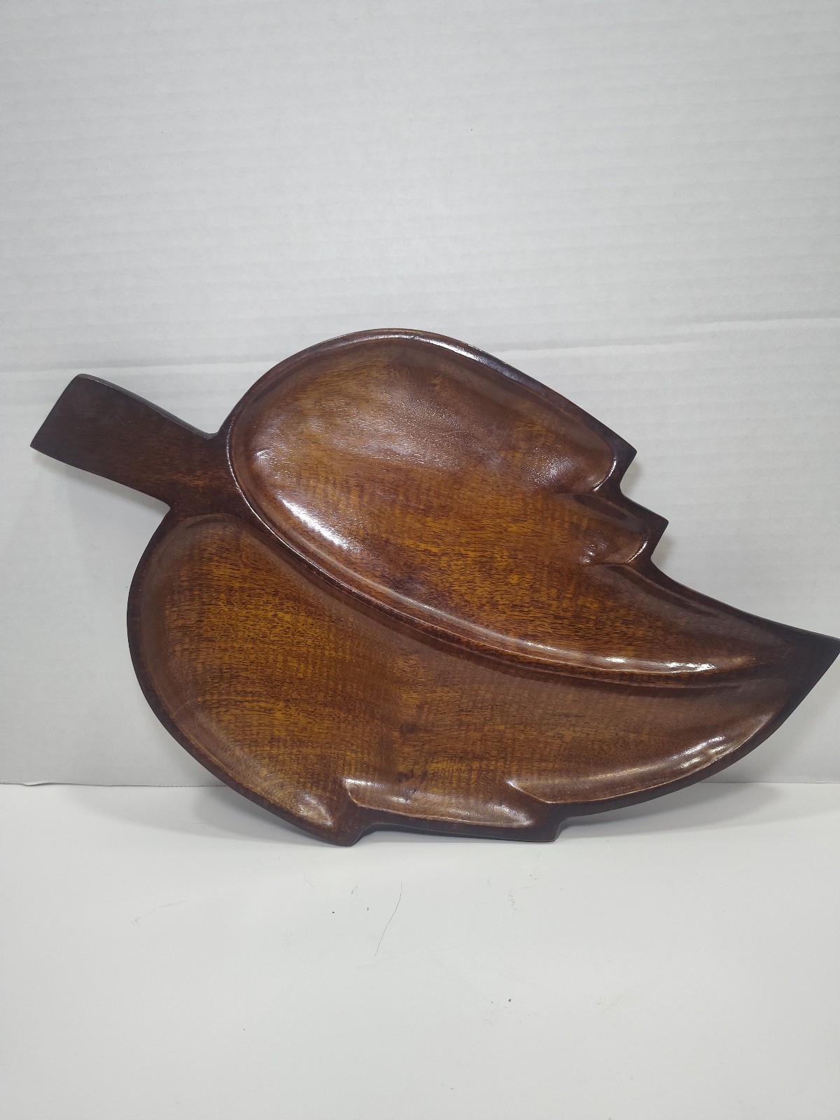 Vintage Hand Carved Wooden Leaf Serving Tray Platter 16x10 MCM Boho Decor