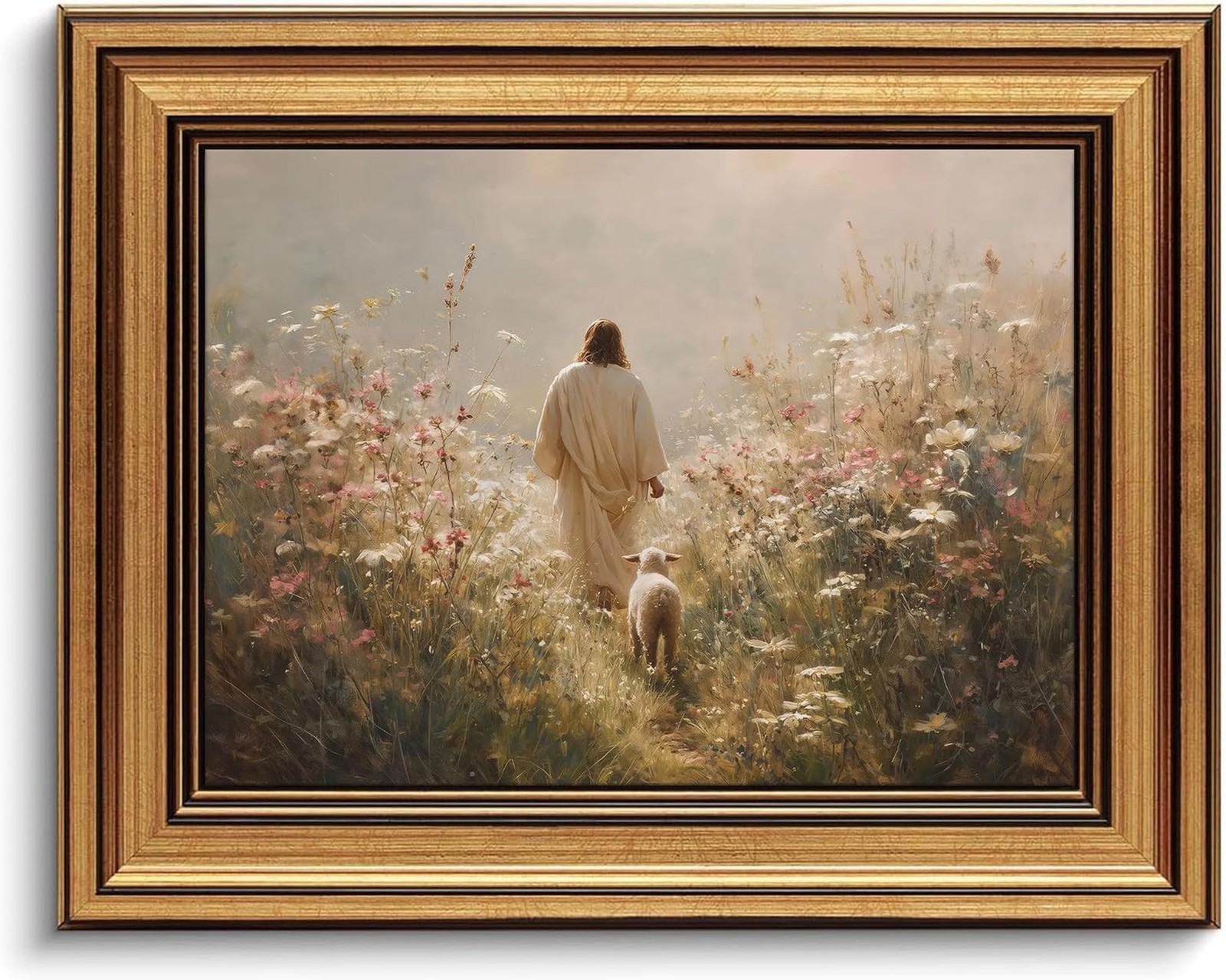 Kabcod Vintage Gold Framed Jesus Leaves the 99 Sheep Canvas Wall Art, Christi...