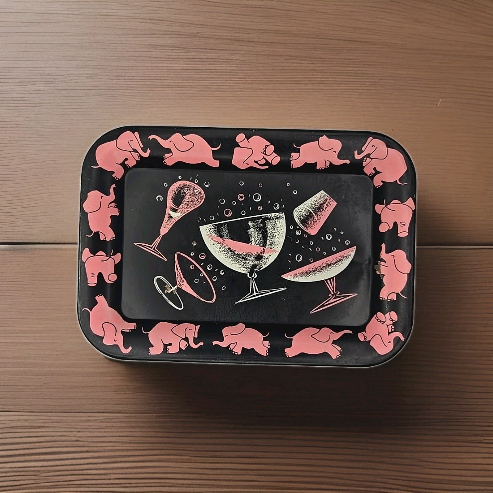 Vtg Hazel Atlas Pink Bubbly Elephants & Cocktails Tin Tip Tray MCM 