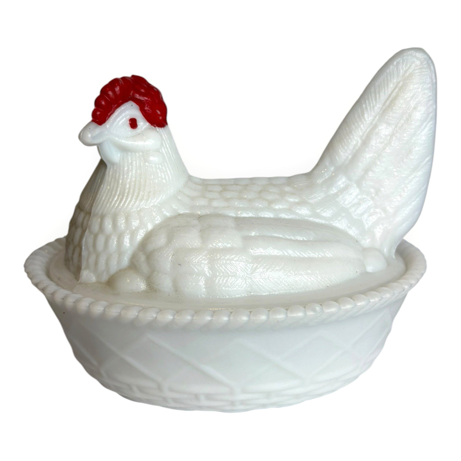 Vtg 1950\'s Westmoreland White Milk Glass Hen on Nest Covered Dish Red Comb 5.25\