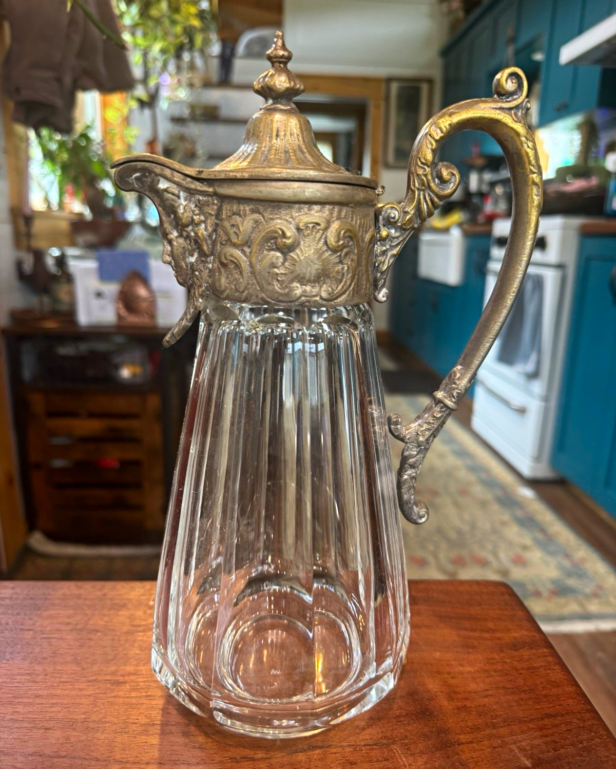 French Crystal Claret Jug, Figural Bacchus Mask Ornate Gilt Metal C. 1900 * READ