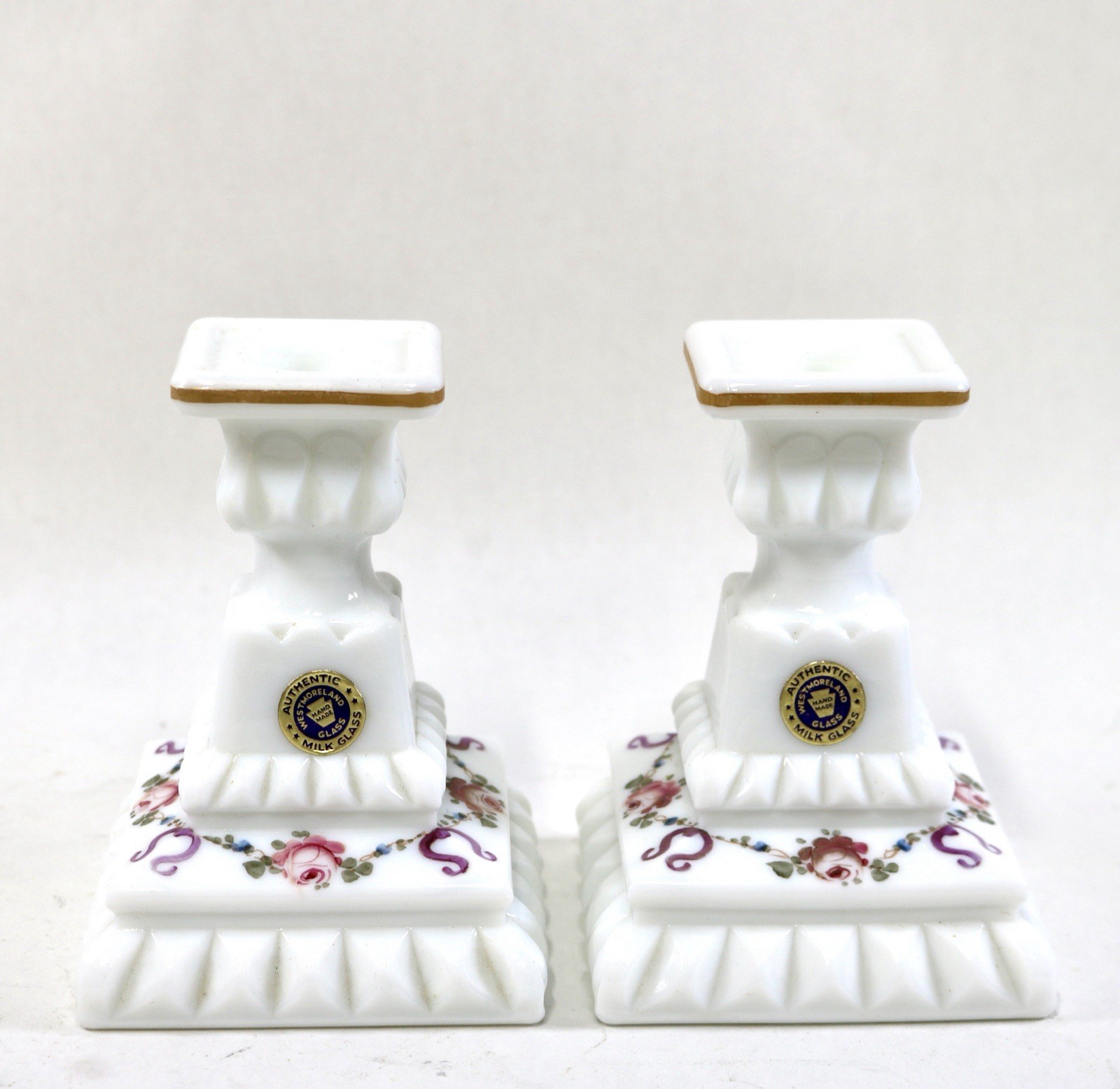 Vtg Pair Westmoreland Hand Painted Roses Milk Glass Candlesticks W/ Labels