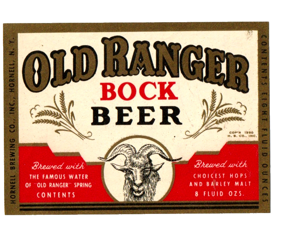 Vintage Old Ranger BOCK 8 oz Beer Label Hornell Brewing Co.  2 1/2 by 3 5/8th\