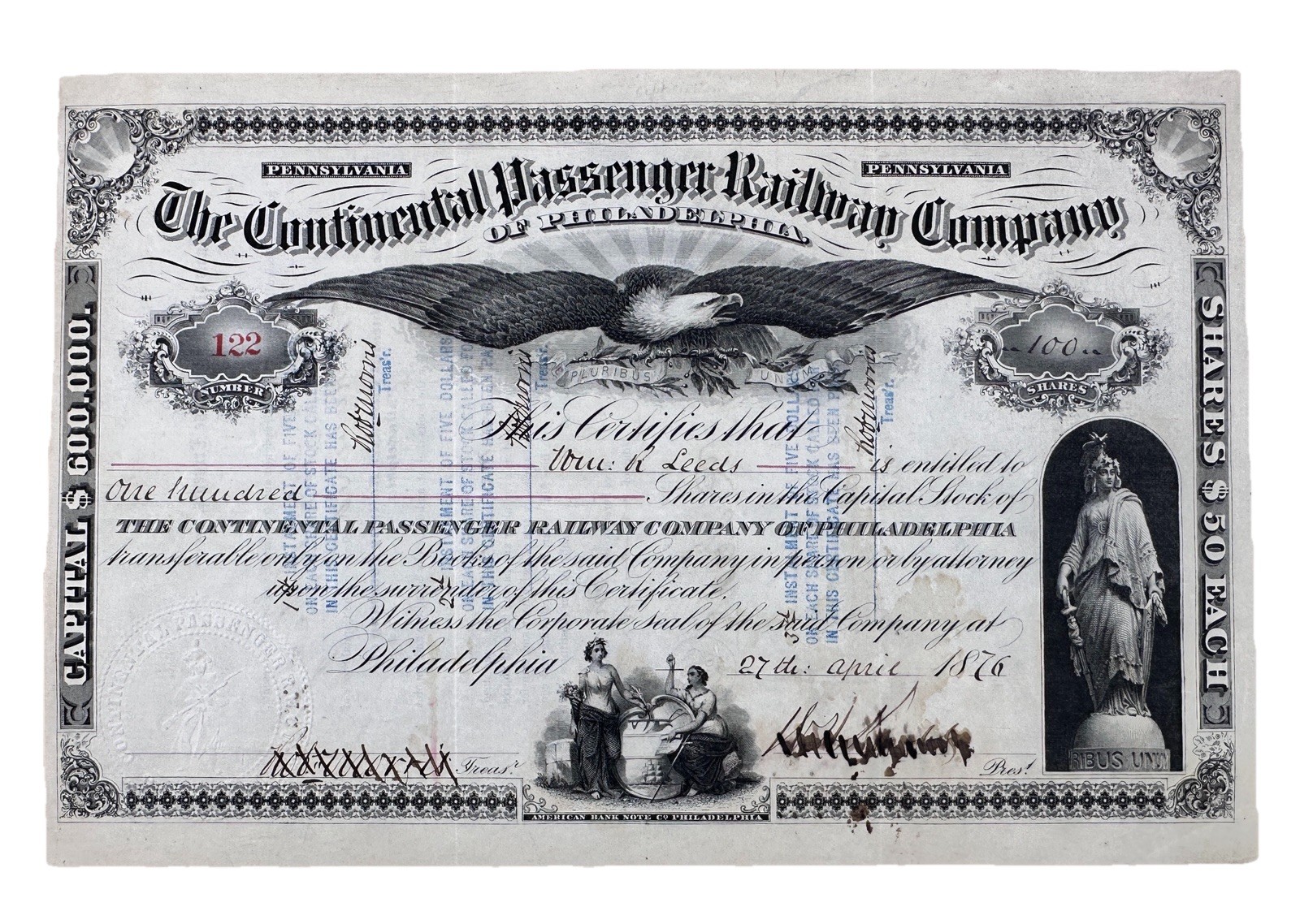 1876 The Continental Passenger Railway Company Stock Certificate - Low Serial #