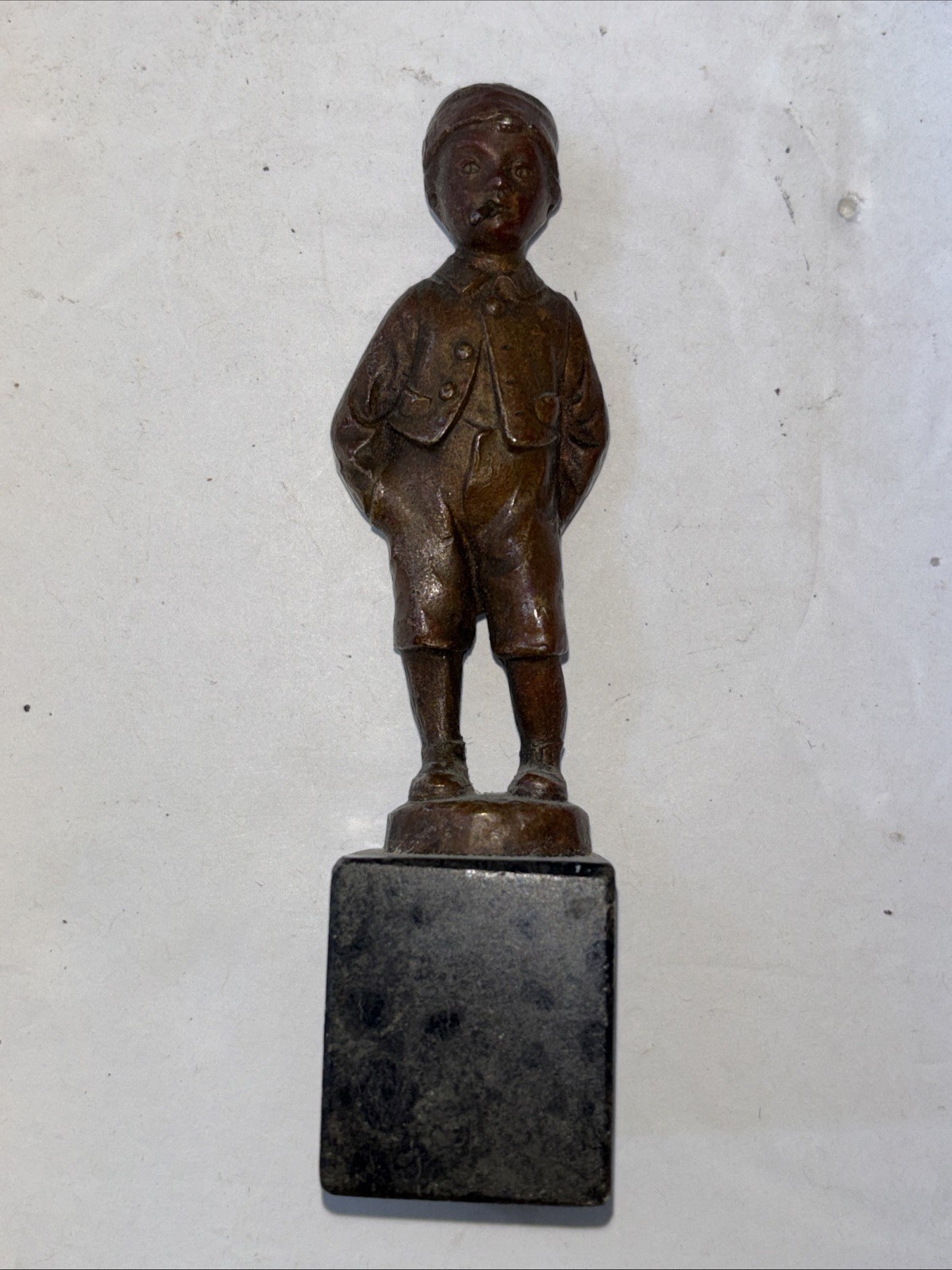 Vintage Antique Small Figure Bronze Boy Smoking Cigar on Marble Base-Hans Keck?
