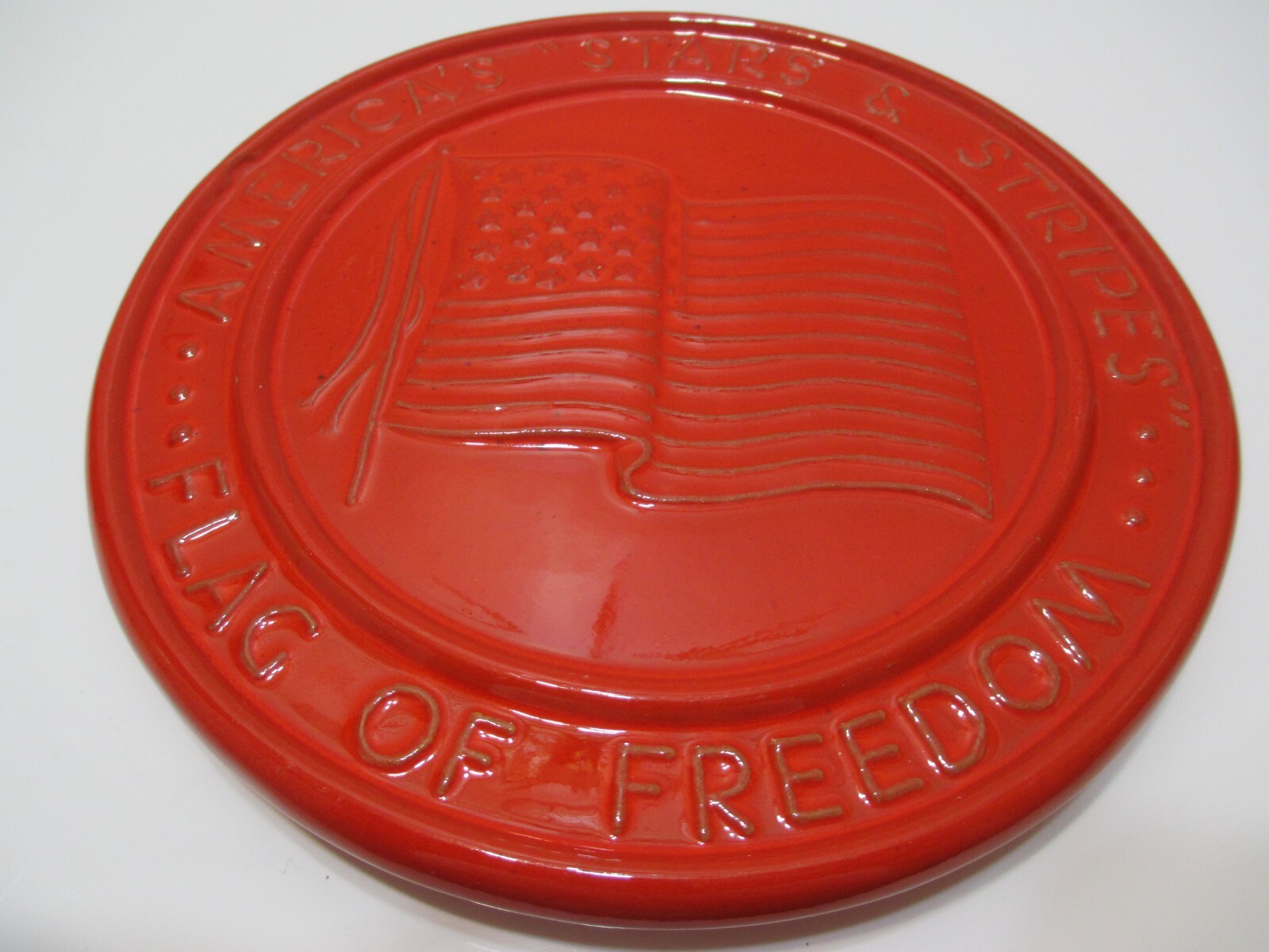 Vintage Frankoma Pottery Trivet American Flag FLTR Flame Glaze 6 3/8\