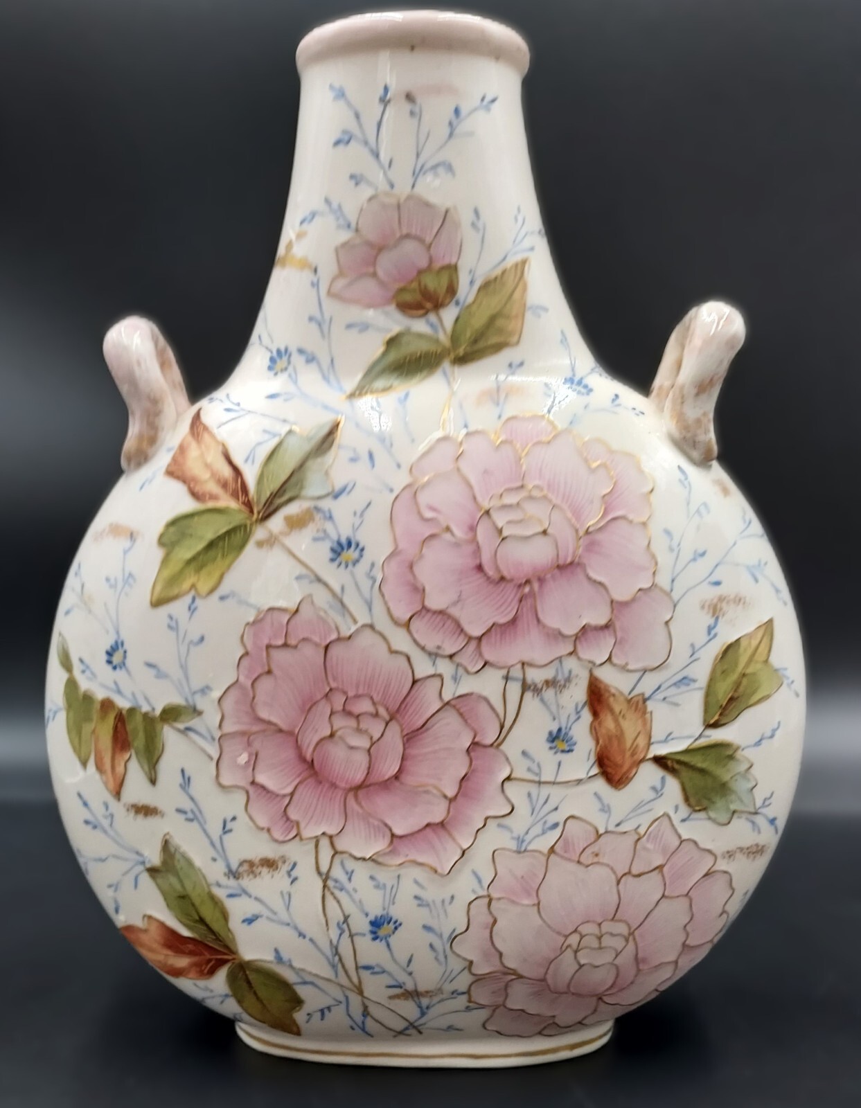 Antique Rudolstadt Pottery with Pink Peonies and Gold Trim Double Handled Vase