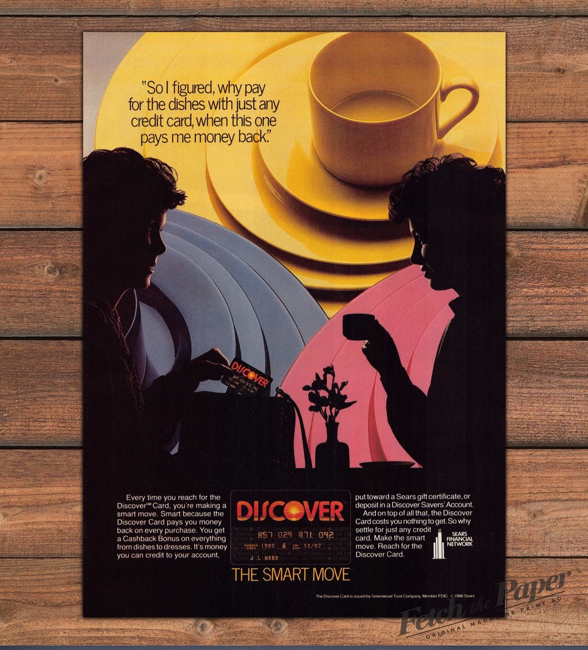 Discover Card Sears Smart Move Silhouette Couple Dishes Print Ad 1986 1980s