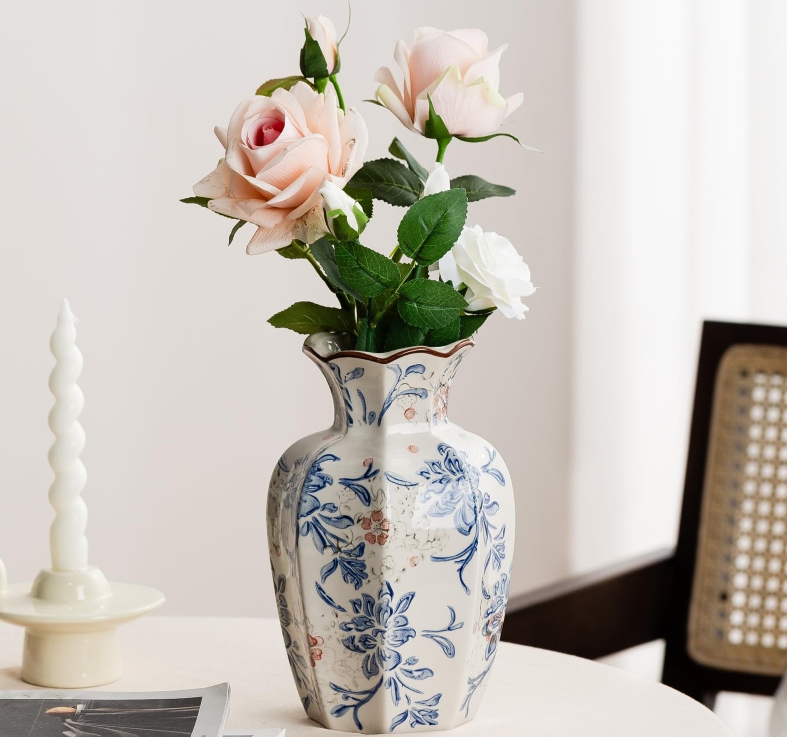 Blue and White Vase, Vintage Blue Ceramic Flower Vessel,Ceramic vases for Home