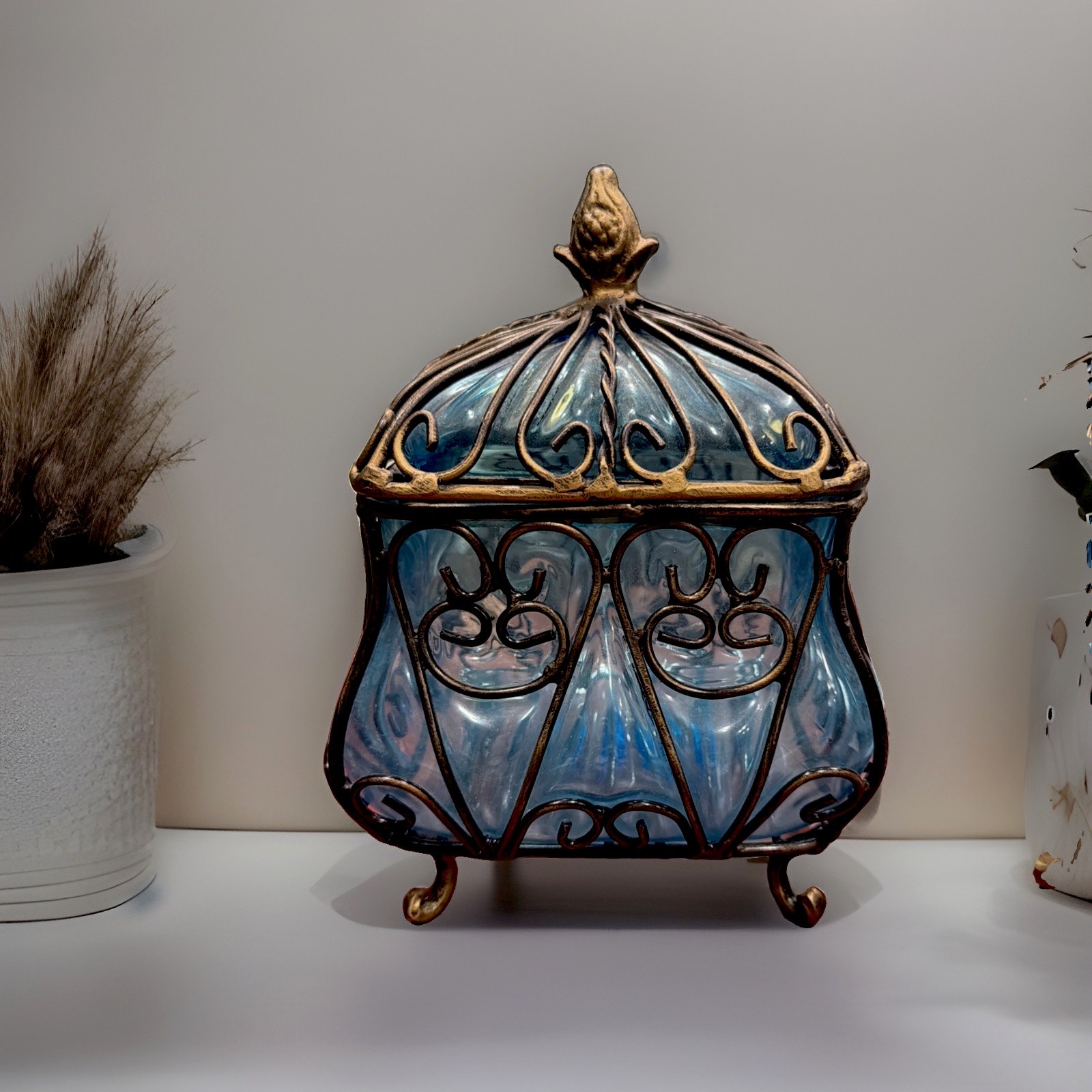 Vtg Brutalist Heavy Caged Wrought Iron Blue Bubble Glass Hand Blown Feet Estate
