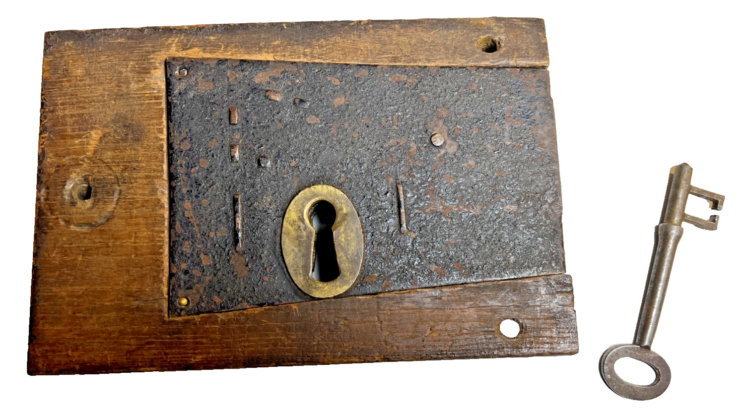 Antique Early Primitive Forged Iron Rim Lock w Original Skeleton Key 1700s 1800s