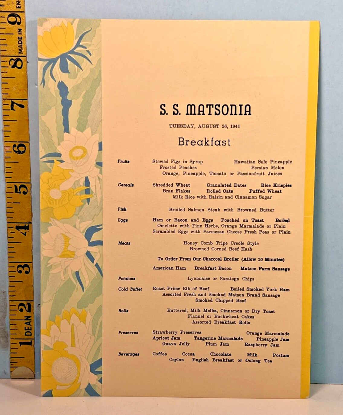 1941 S.S. Matsonia Cruise Line Breakfast Menu 1941 S.S. Matsonia Cruise Line Breakfast Menu