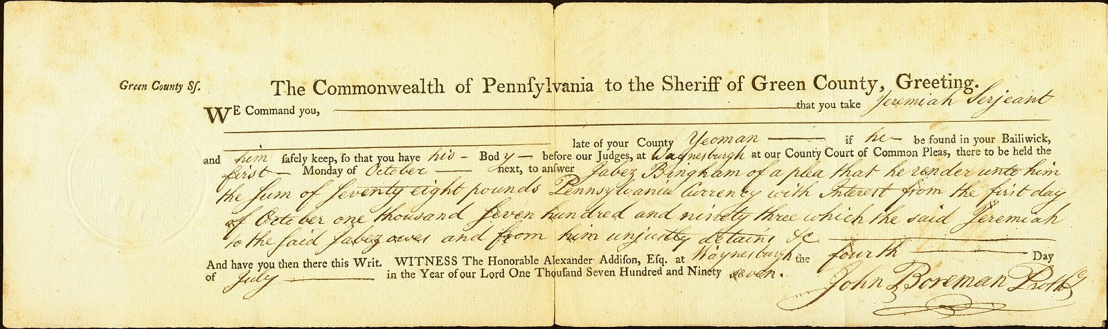 PA WAYNESBURG(H) Greene County Pennsylvania Warrant of Arrest July 4, 1797