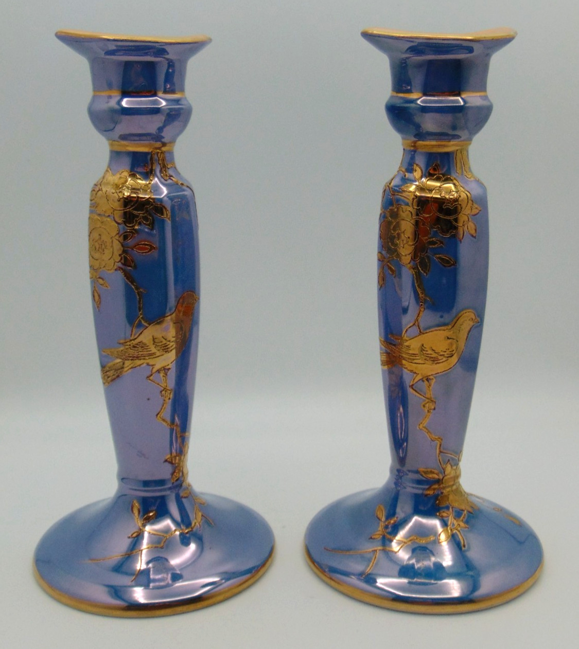 Noritake Blue & Peach Luster Candle Stick Set w Hand Painted Gold Kakiemon Style
