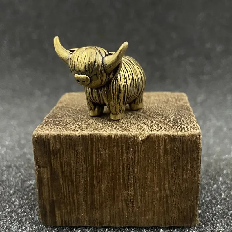 Mini Brass Highland Cow Figurine Vintage Copper Animal Statue Desk Decor Gift