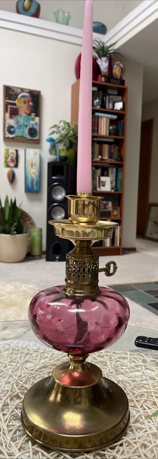 VTG Amazing Elegant Tall Brass & Cranberry Glass Globe Parlor Candle Holder EUC