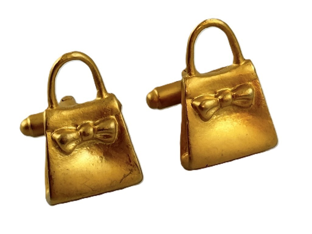 Vintage Gold Tone Handbag Purse Novelty Cufflinks Bow Accent Mid Century Jewelry