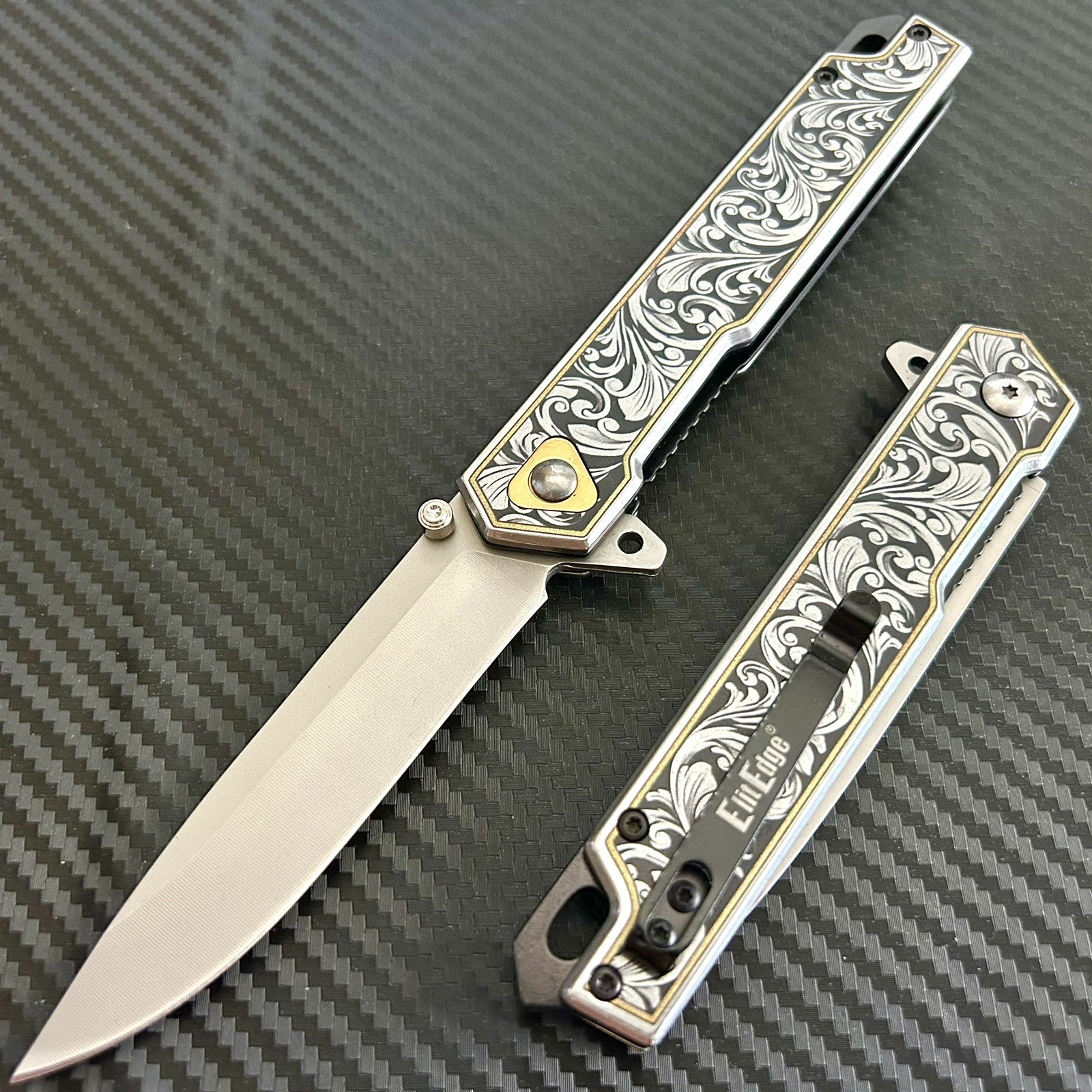 9” Black Flower Engraved EDC Tactical Spring Assisted Open Folding Pocket Knife