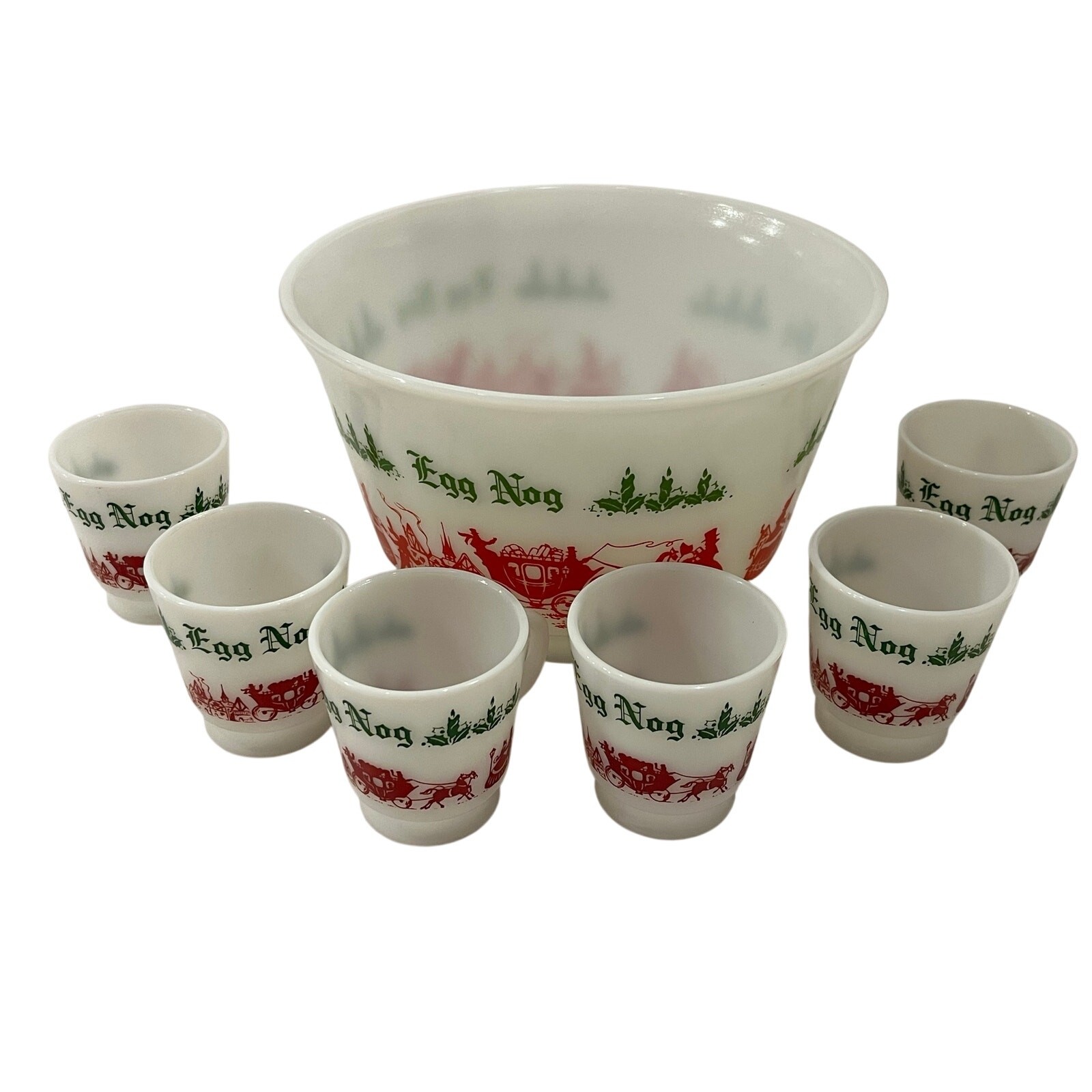 Vtg 50s Hazel Atlas Milk Glass Egg Nog Punch Bowl & 6 Mugs Set Christmas Sleigh