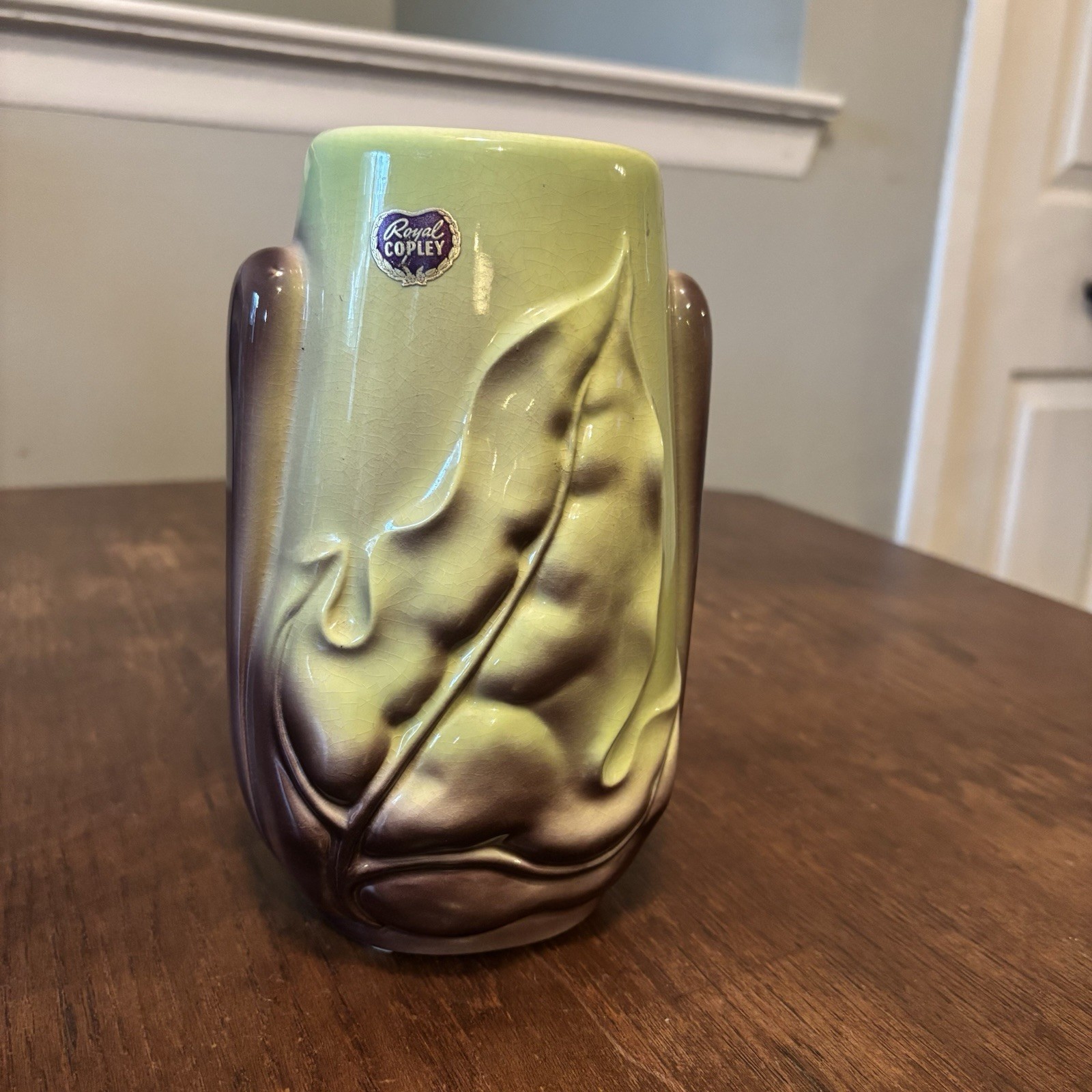Vtg Royal Copley Stunning Dramatic Leaf Vase Lime Green Purple-Brown 7.5” Tall