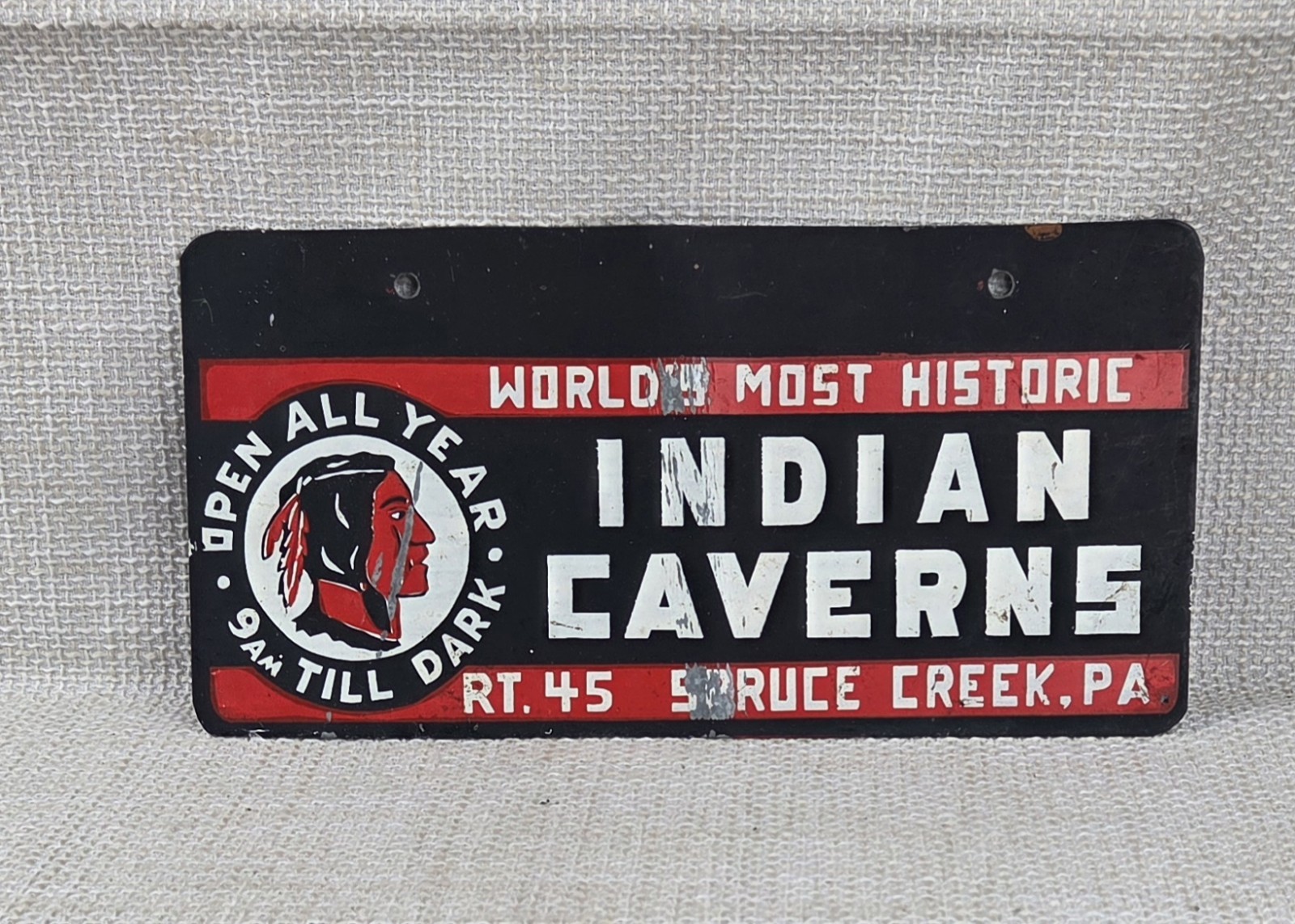 VTG Rare Painted Indian Caverns Metal Advertising Vanity Plate Spruce Creek, PA VTG Rare Painted Indian Caverns Metal Advertising Vanity Plate Spruce Creek, PA