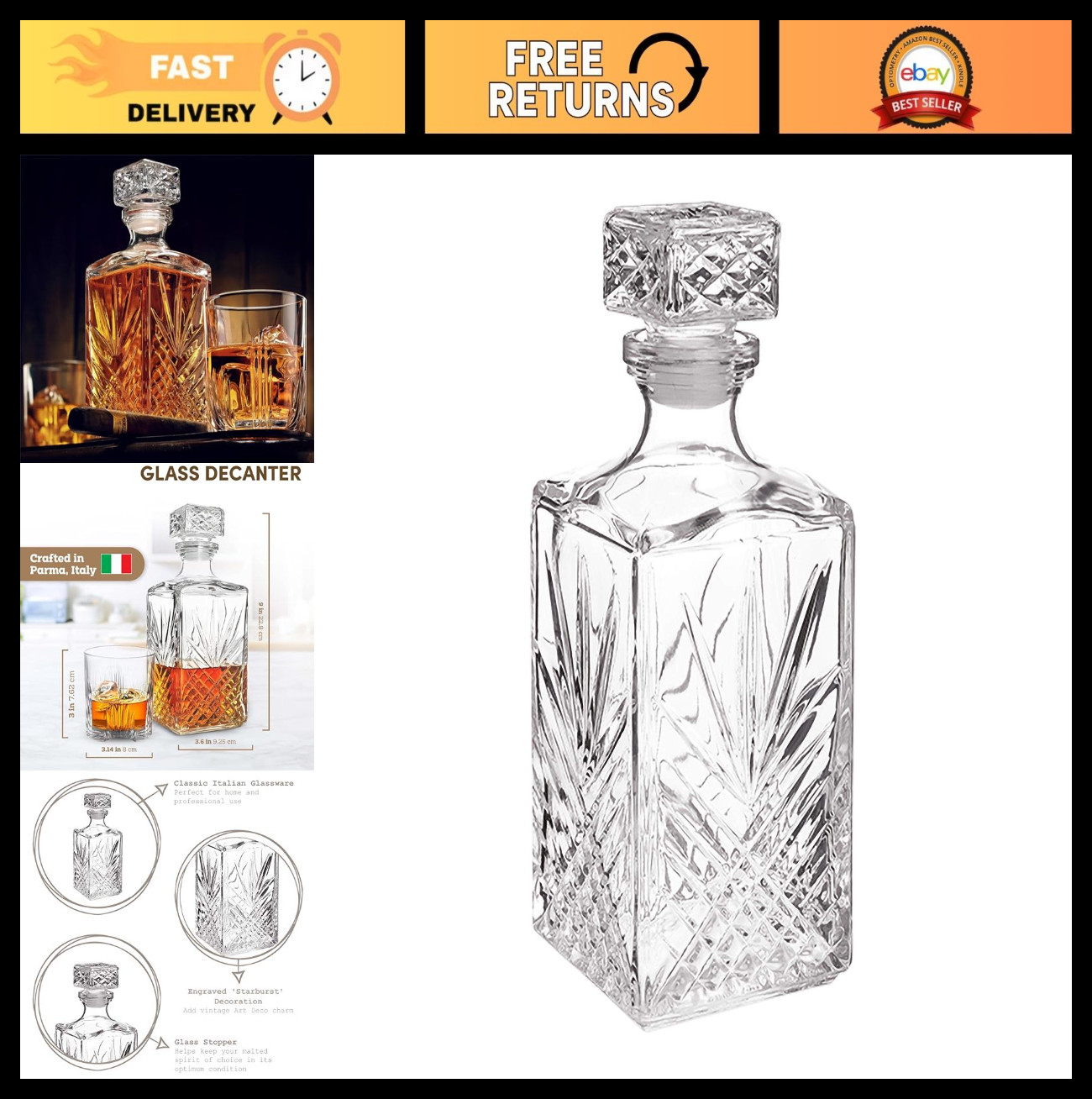 Elegant 33.75oz Diamond Whiskey Decanter with Starburst Design – Ideal for Bourb