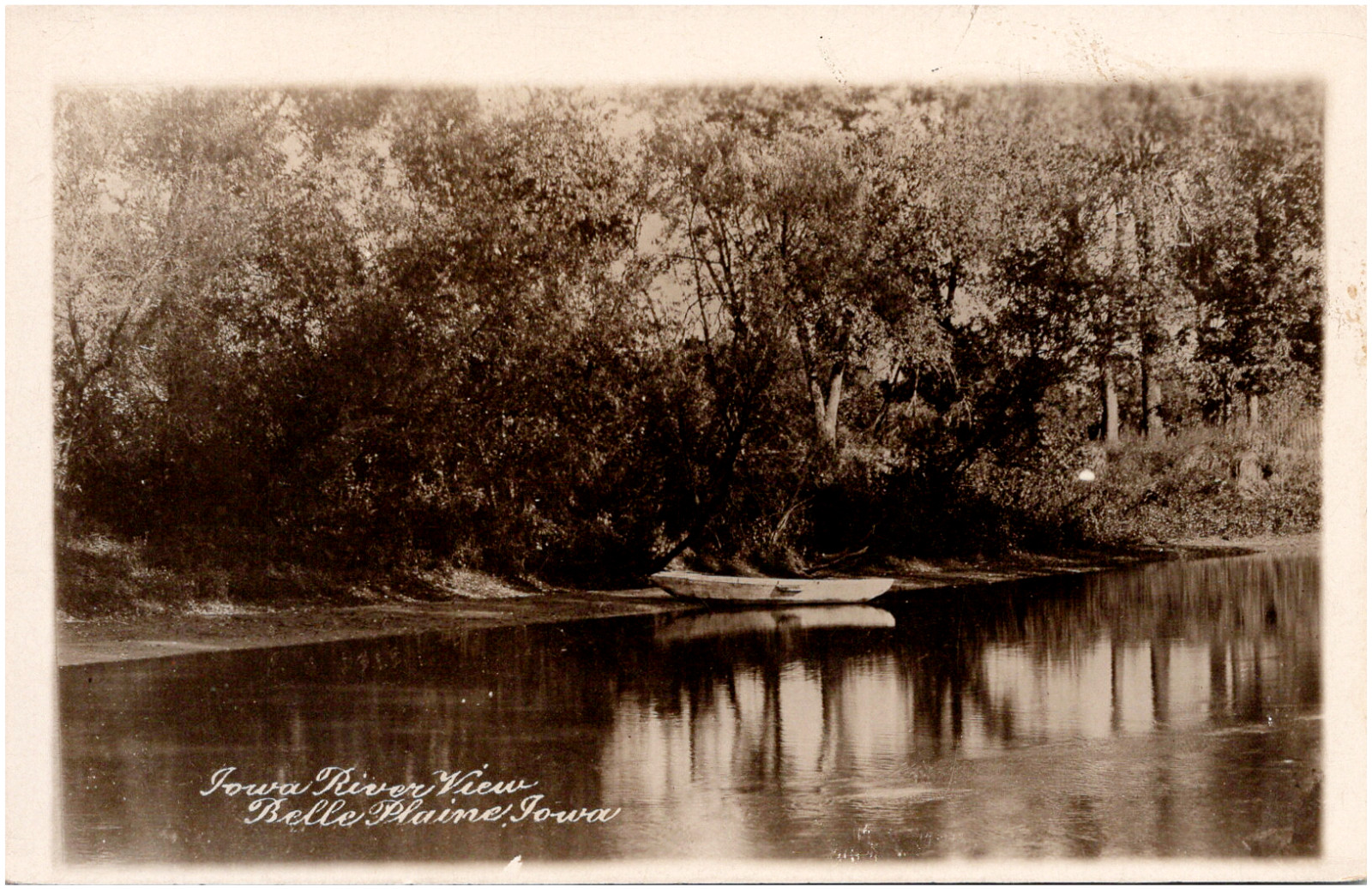 Iowa River Scenic View in Belle Plaine IA Shored Canoe 1900s RPPC Postcard Photo Iowa River Scenic View in Belle Plaine IA Shored Canoe 1900s RPPC Postcard Photo