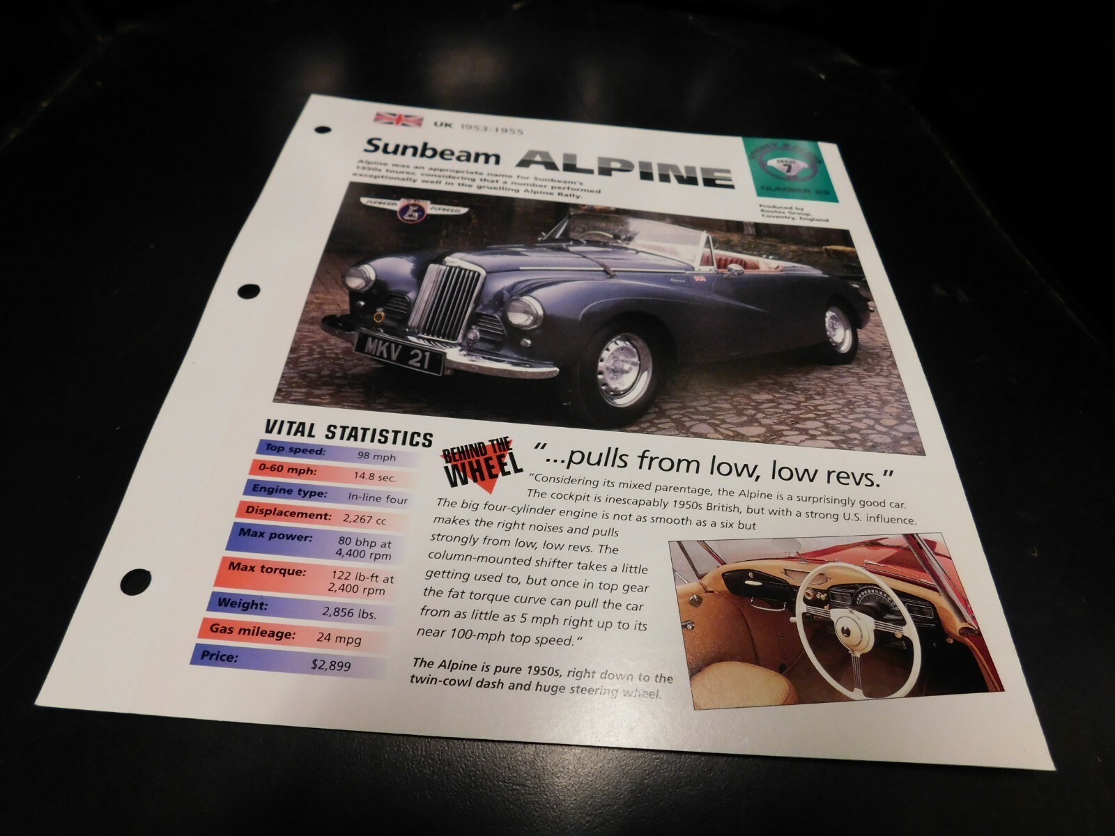 1953-1955 Sunbeam Alpine Spec Sheet Brochure Photo Poster 1954 1953-1955 Sunbeam Alpine Spec Sheet Brochure Photo Poster 1954
