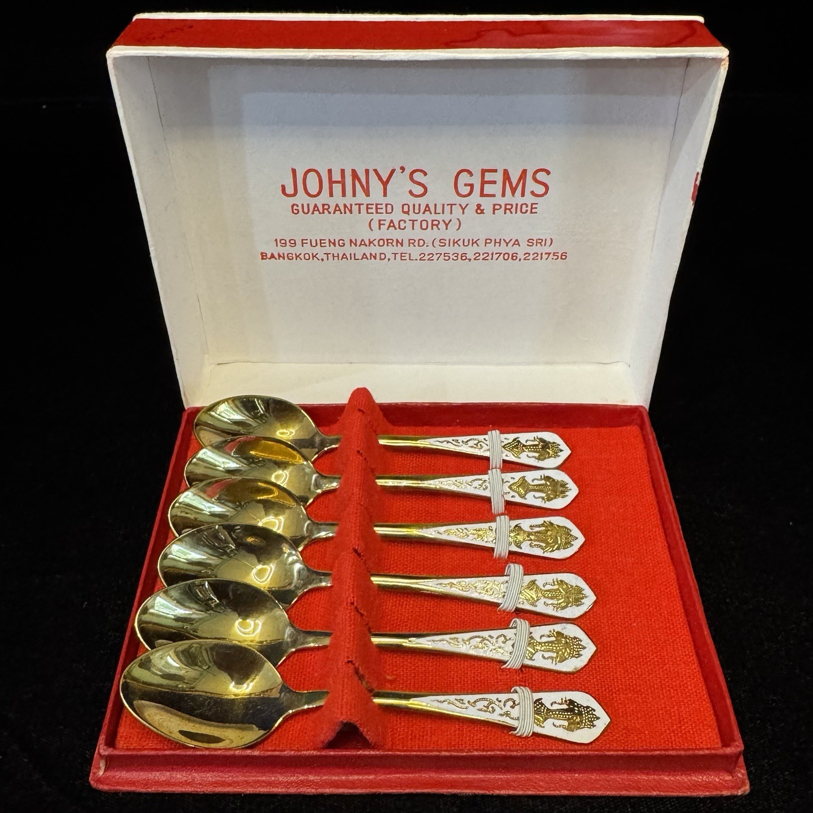 Vintage Johny\'s Gems 6 Spoon Set Gold Tone with White Enamel Red Box Thailand Vintage Johny\'s Gems 6 Spoon Set Gold Tone with White Enamel Red Box Thailand