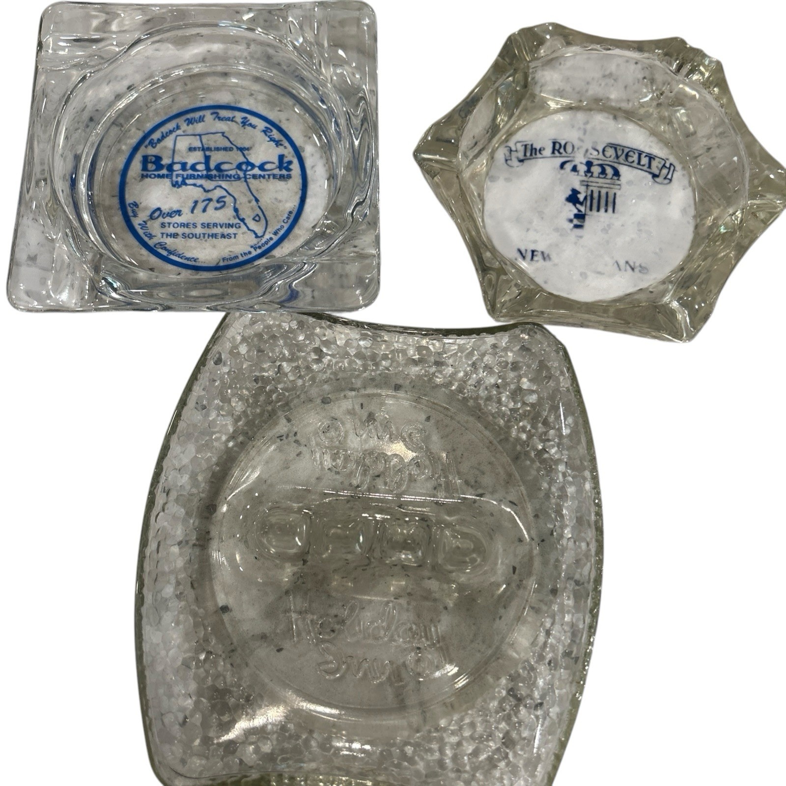 Lot of 3 Vintage Glass Advertising Ashtrays Badcock Furn/Roosevelt & Holiday Inn