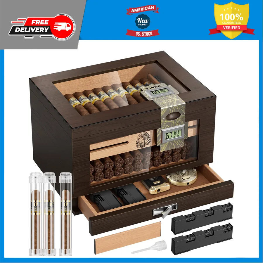 TISFA Cedar Wood Cigar Humidor Box with Hygrometer Humidifiers and Travel Tub... TISFA Cedar Wood Cigar Humidor Box with Hygrometer Humidifiers and Travel Tub...