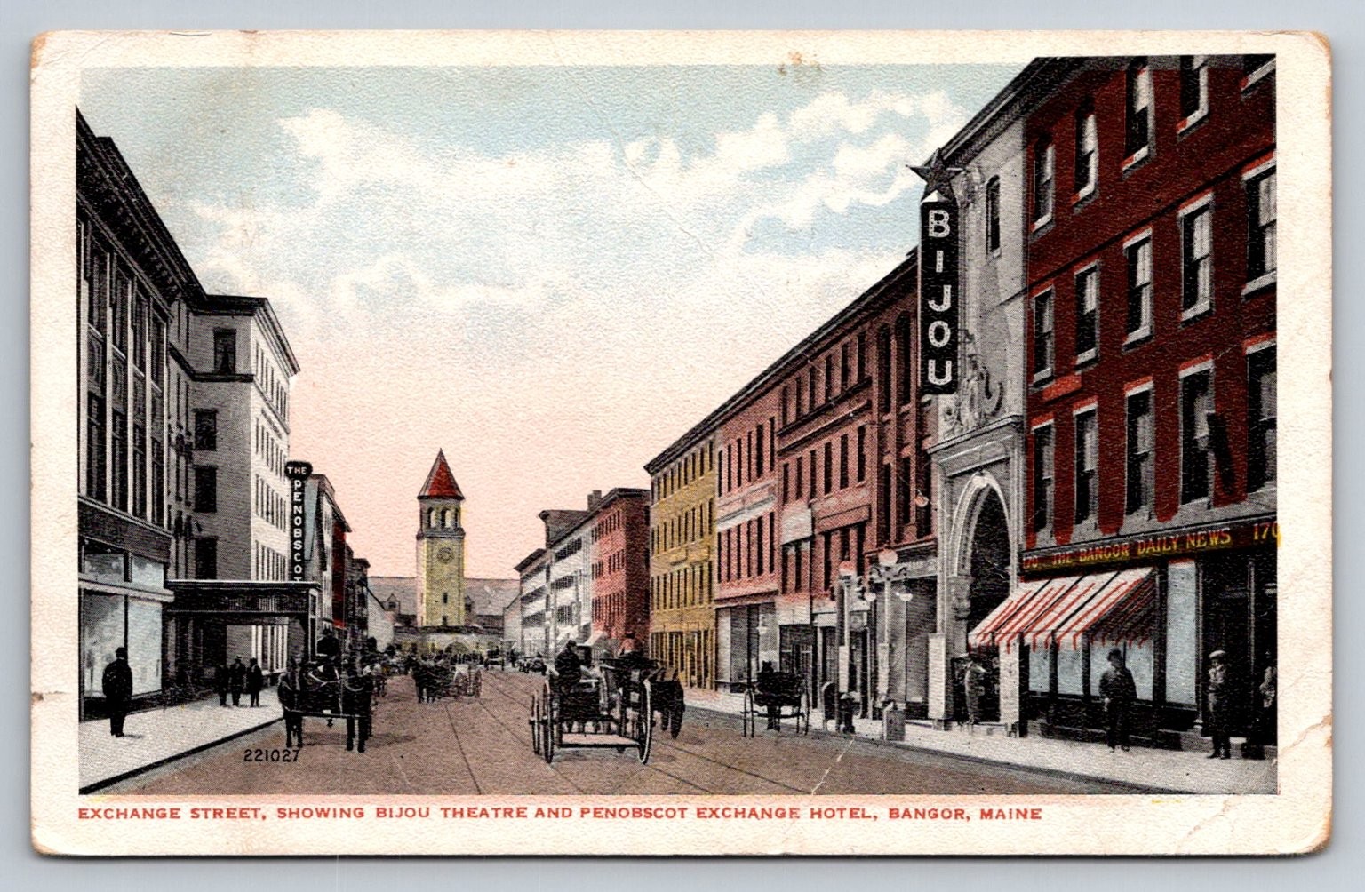 Bangor ME Exchange Street Bijou Theatre Penobscot Hotel 1909 Postcard