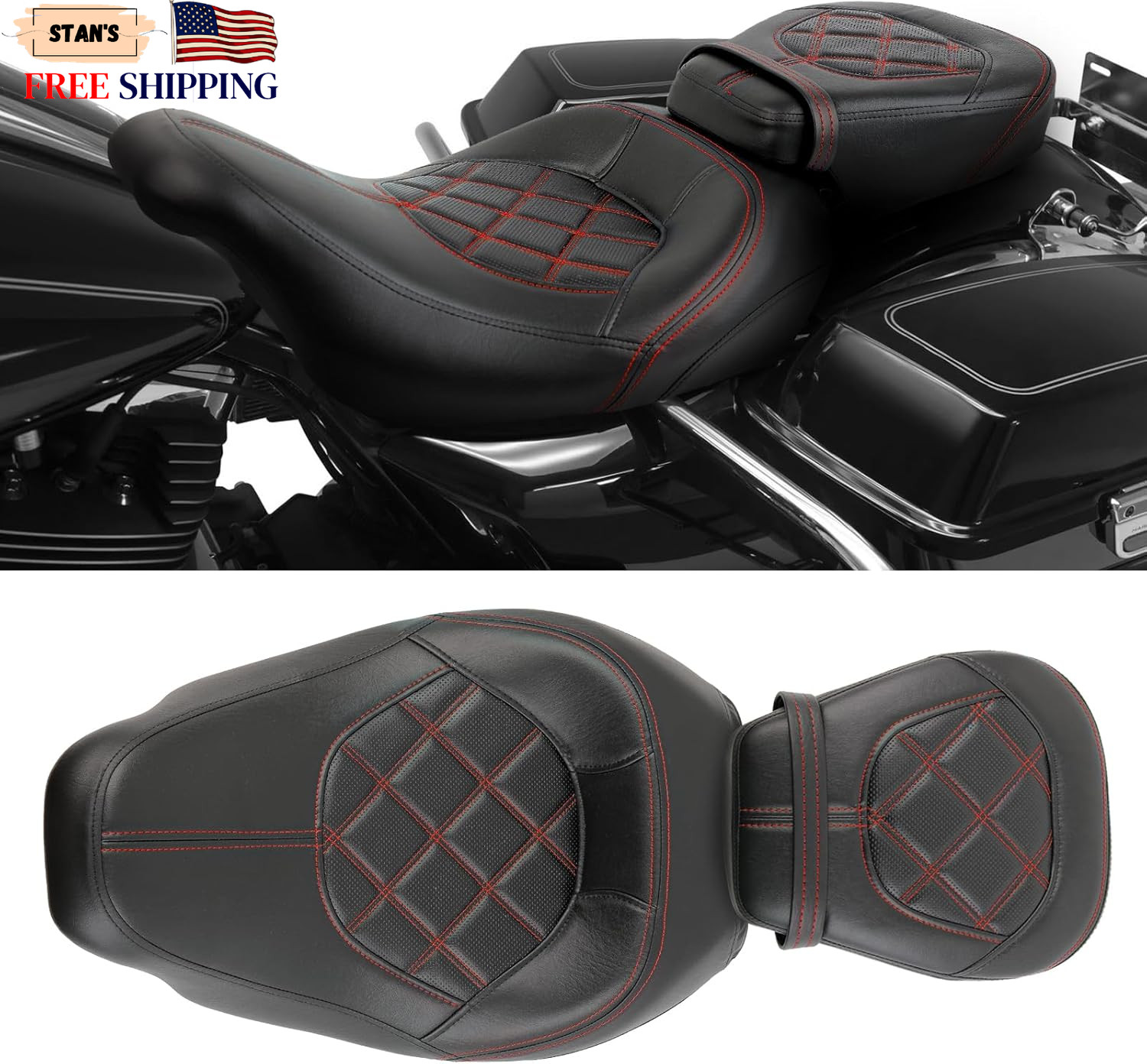 Low-Profile Driver Passenger Seat Pillion Set Compatible with Harley Touring Roa