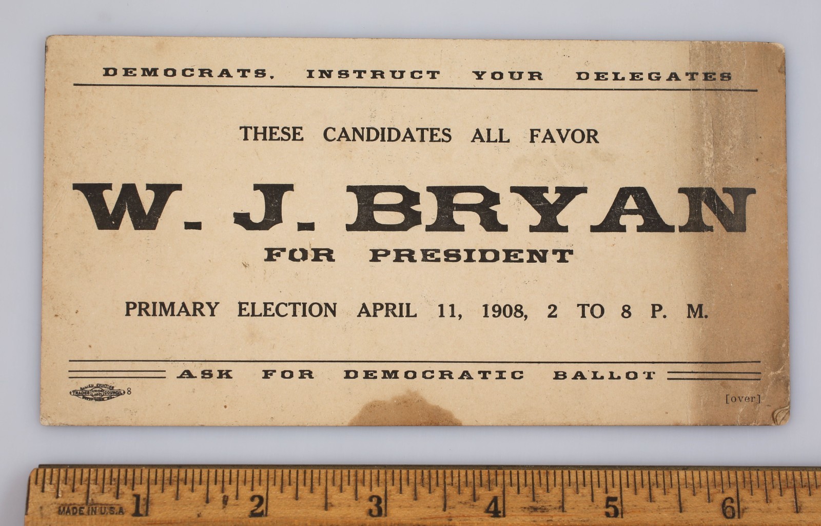 Vintage 1908 William Jennings Bryan Primary Election Campaign Ad Card Pittsburgh