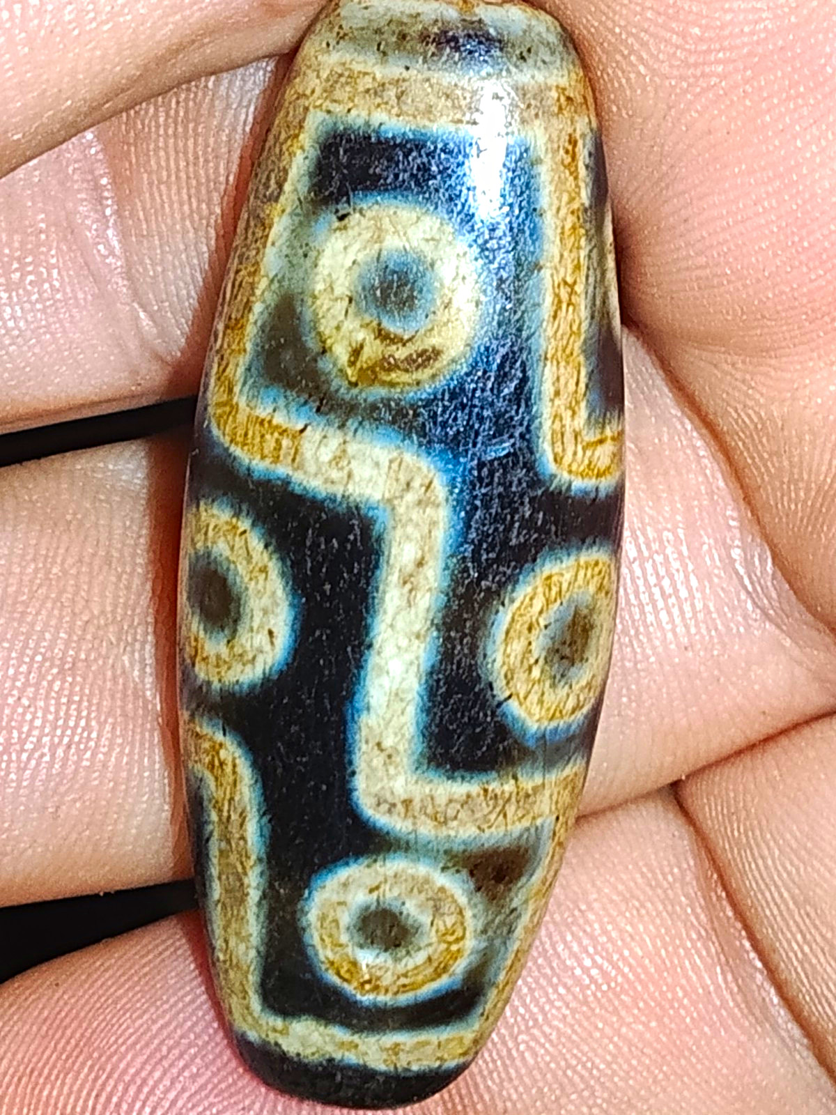Pre-1400 Indo/Tibetan Old Agate 9 Eye Motif Dzi Bead 50*18*13mm 17.1 Grams 