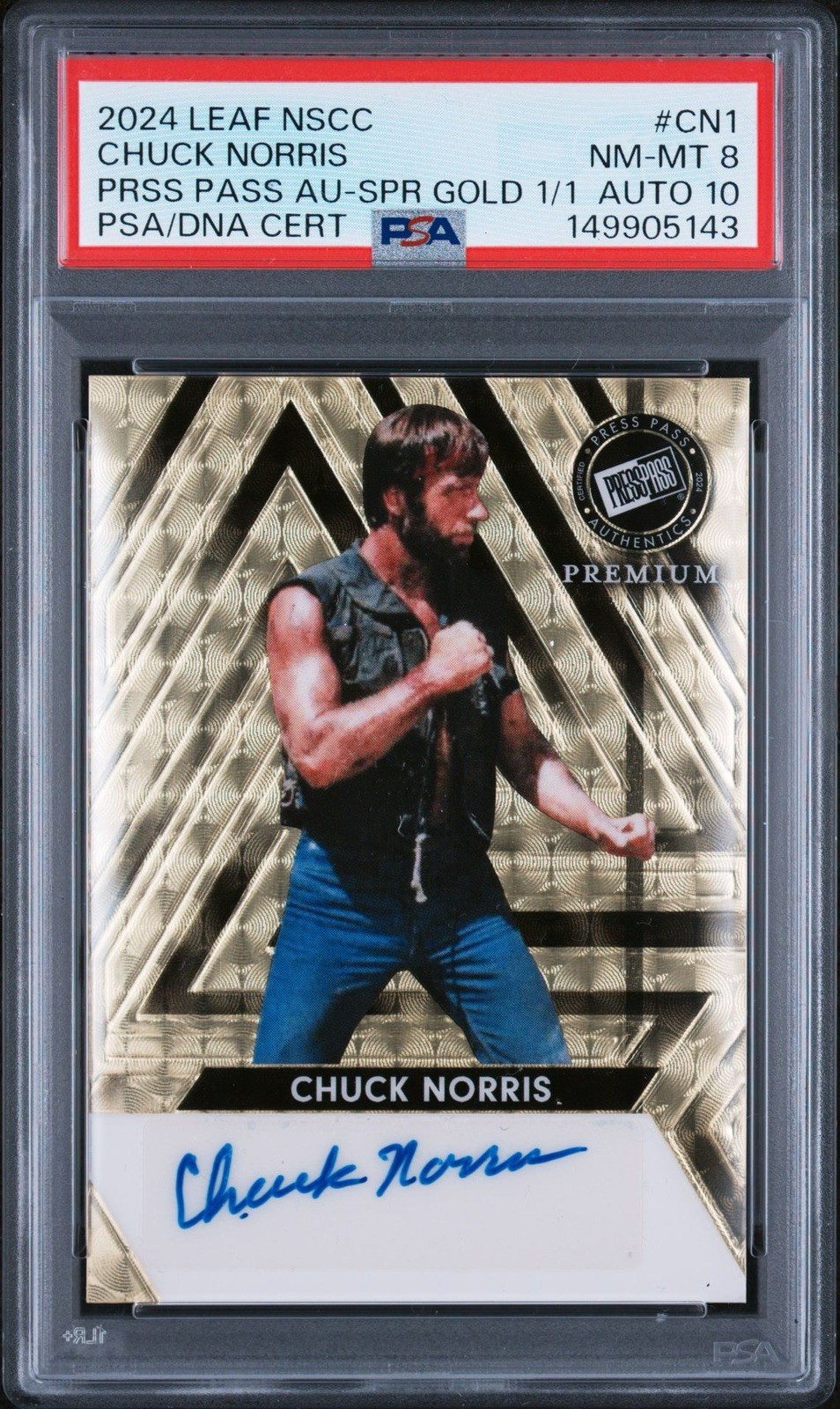 2024 LEAF PRESS PASS AUTO CHUCK NORRIS SUPER GOLD 1/1  NSCC 