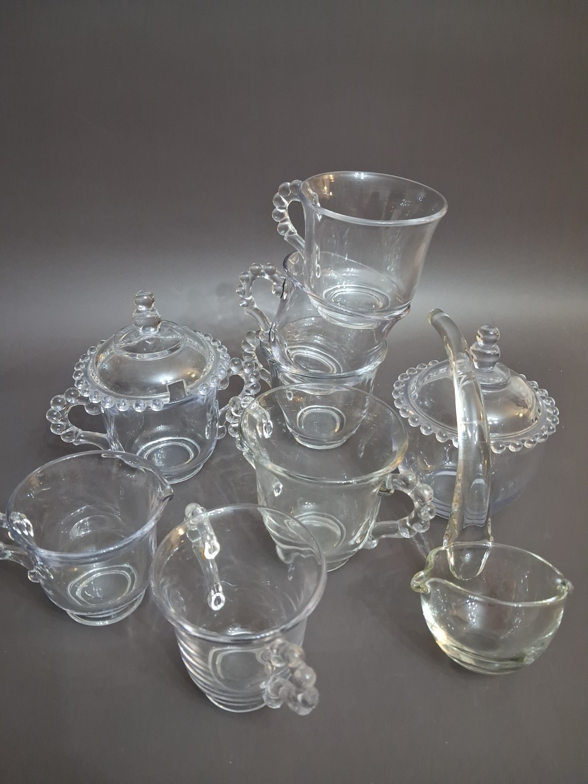 Imperial Candlewick  3cups, 2 Lidded Jars, Ladle, 1 Sugar & A Sugar Creamer Set