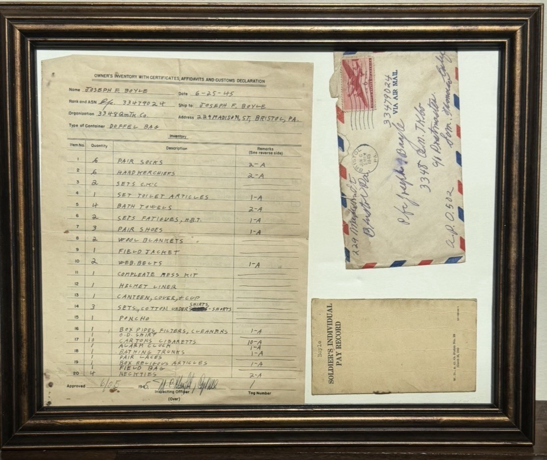 WWII US Army Joseph E Boyle 1945 Military Documents V-Mail Pay Record Framed