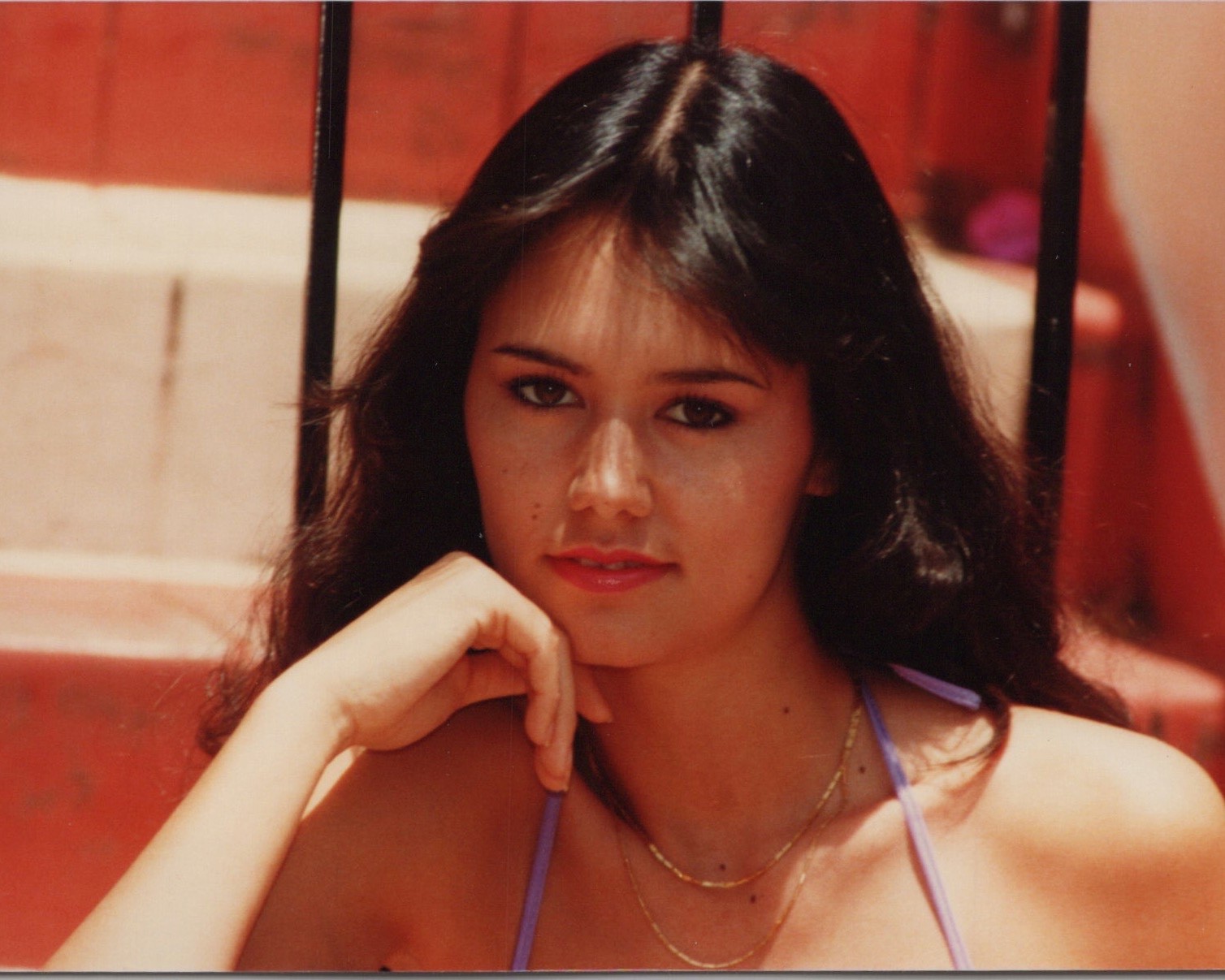 1980s Pretty Woman Purple Bikini Brunette Glamour Portrait Closeup