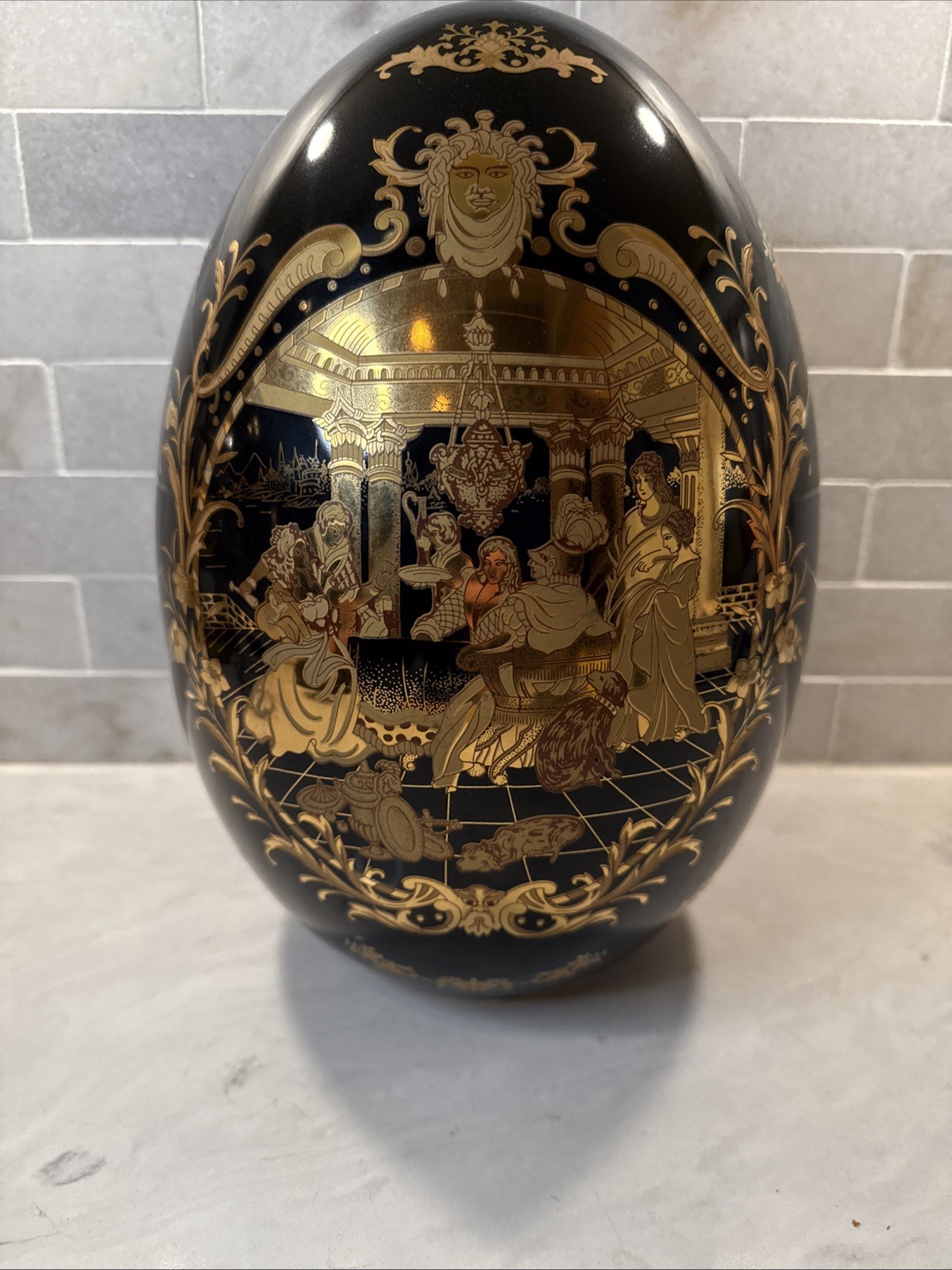 L.F Fine Porcelain Limoges P.R.C. Gold Gilded And Black Porcelain Egg 12”