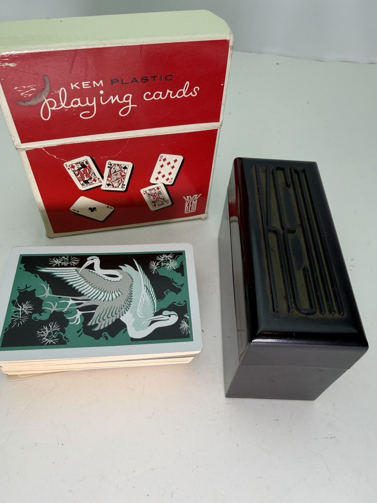 Vintage 1946 KEM Playing Cards 2 Decks Flamingo Case Red Green