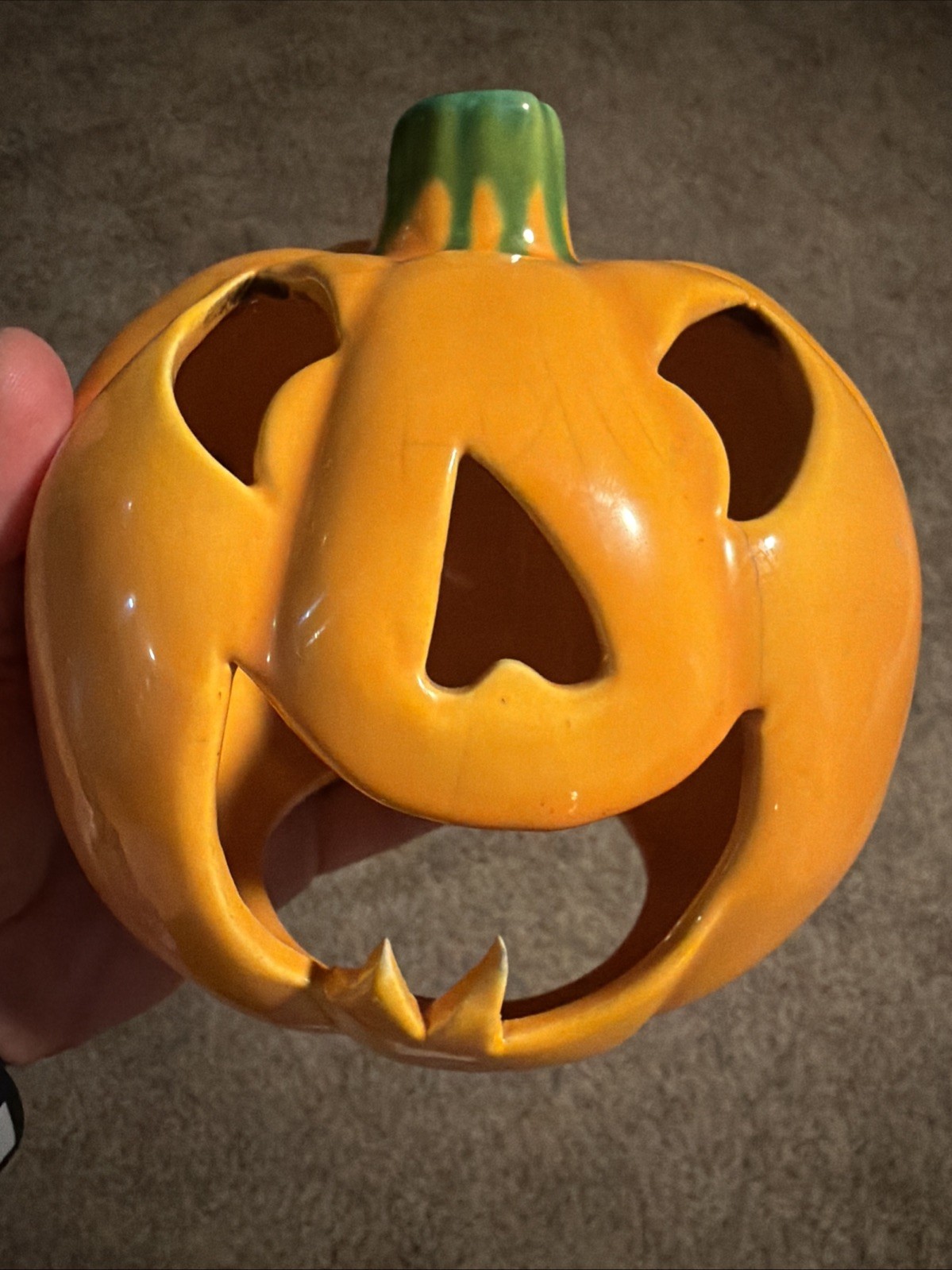 Old Ceramic Halloween Pumpkin Jack O Lantern Tealight Votive Candleholder