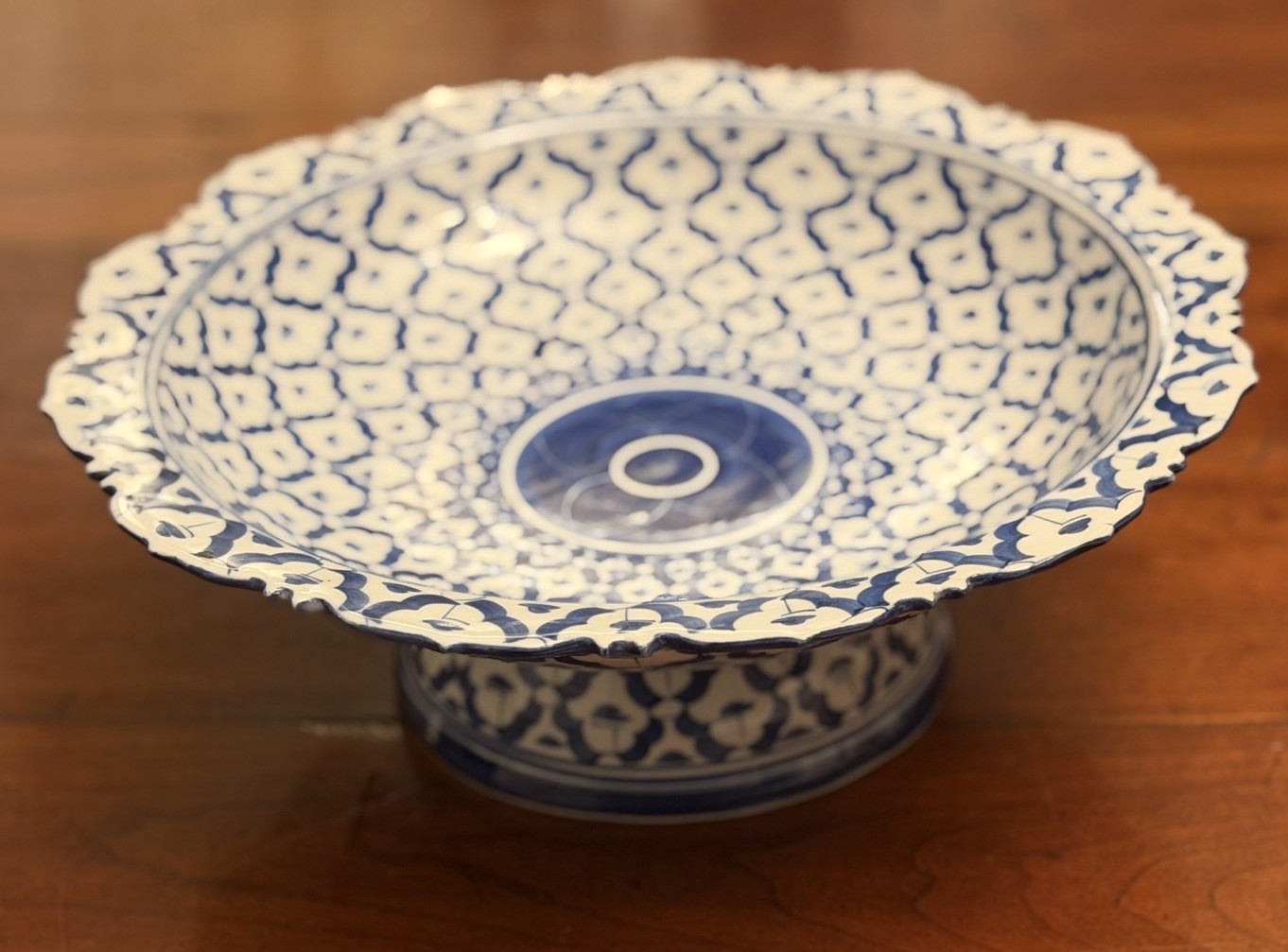 Large 12” Vintage Thai Blue White Porcelain Pedestal Offering Bowl