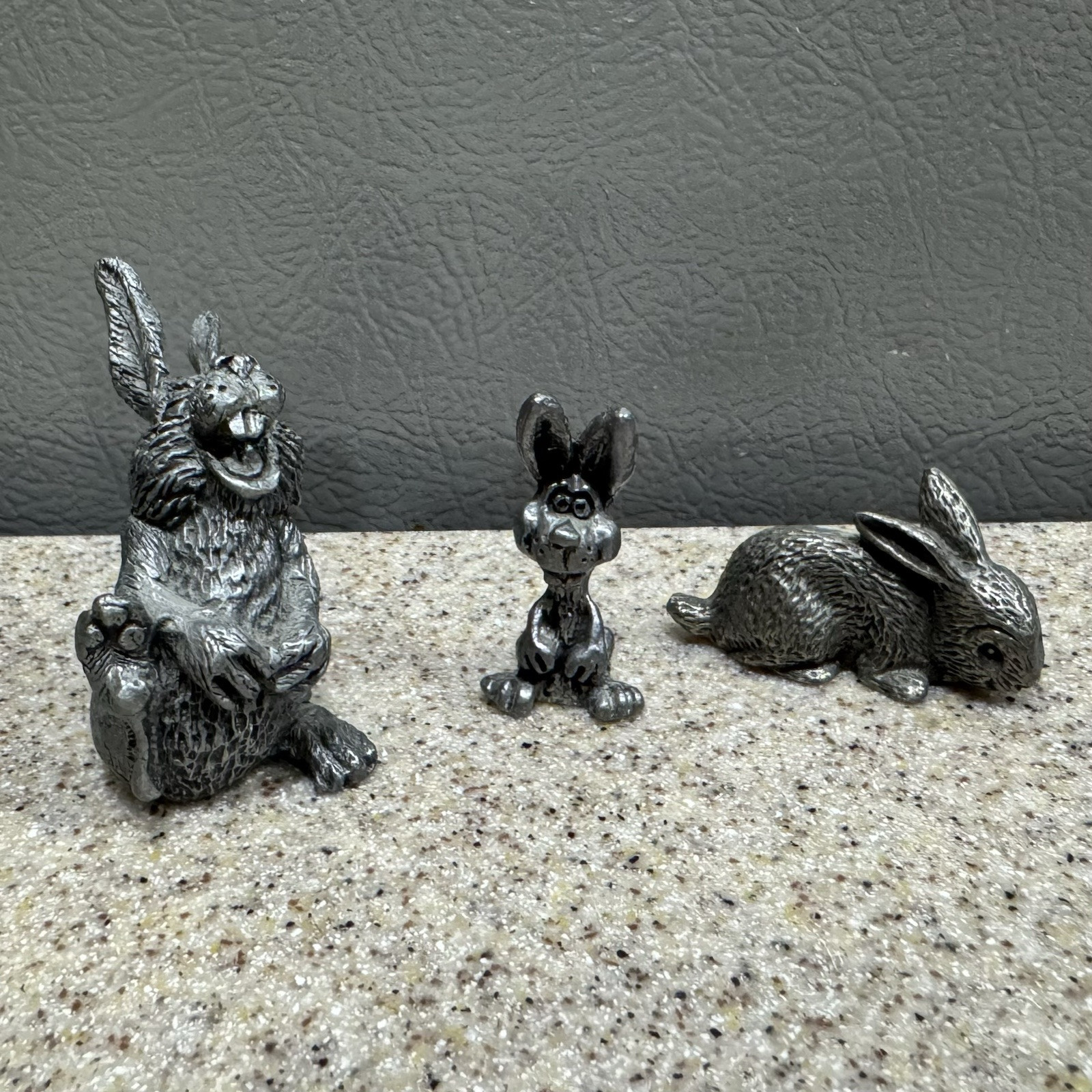 3 Vtg Miniature Pewter Bunny Rabbits Figurines Laughing in EUC