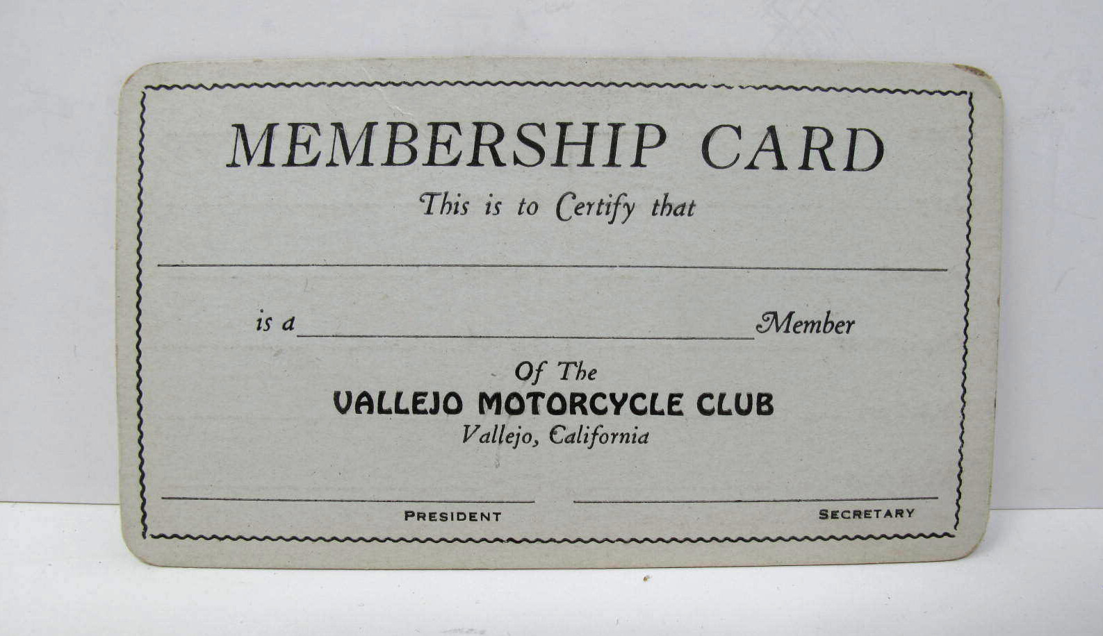Vintage Membership Card VALLEJO MOTORCYCLE CLUB Dues California Unused Vintage Membership Card VALLEJO MOTORCYCLE CLUB Dues California Unused