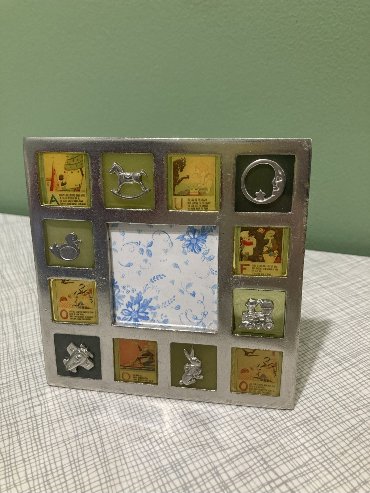 Anthropologie Vintage Pewter Baby Picture Frame Enamel Charm Nursery Made in USA