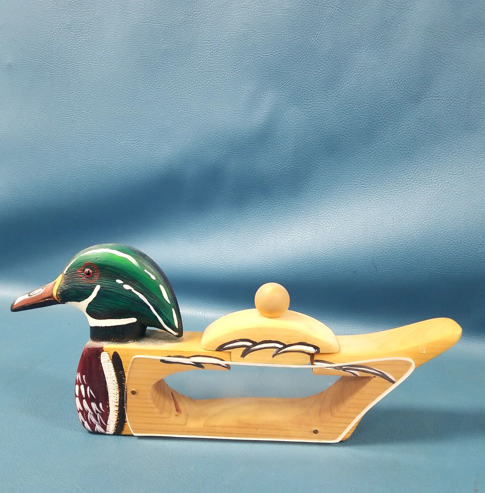 Vintage Hand Painted Wooden Duck Matchstick Holder W/ Striker Lid 12.5\