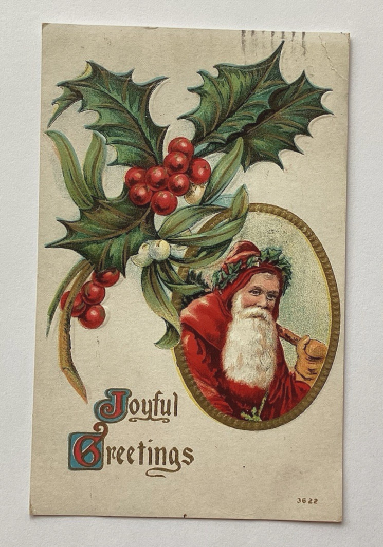 Vintage 1910 Christmas Postcard SANTA CLAUS HOLLY BERRIES Embossed Stamped Used